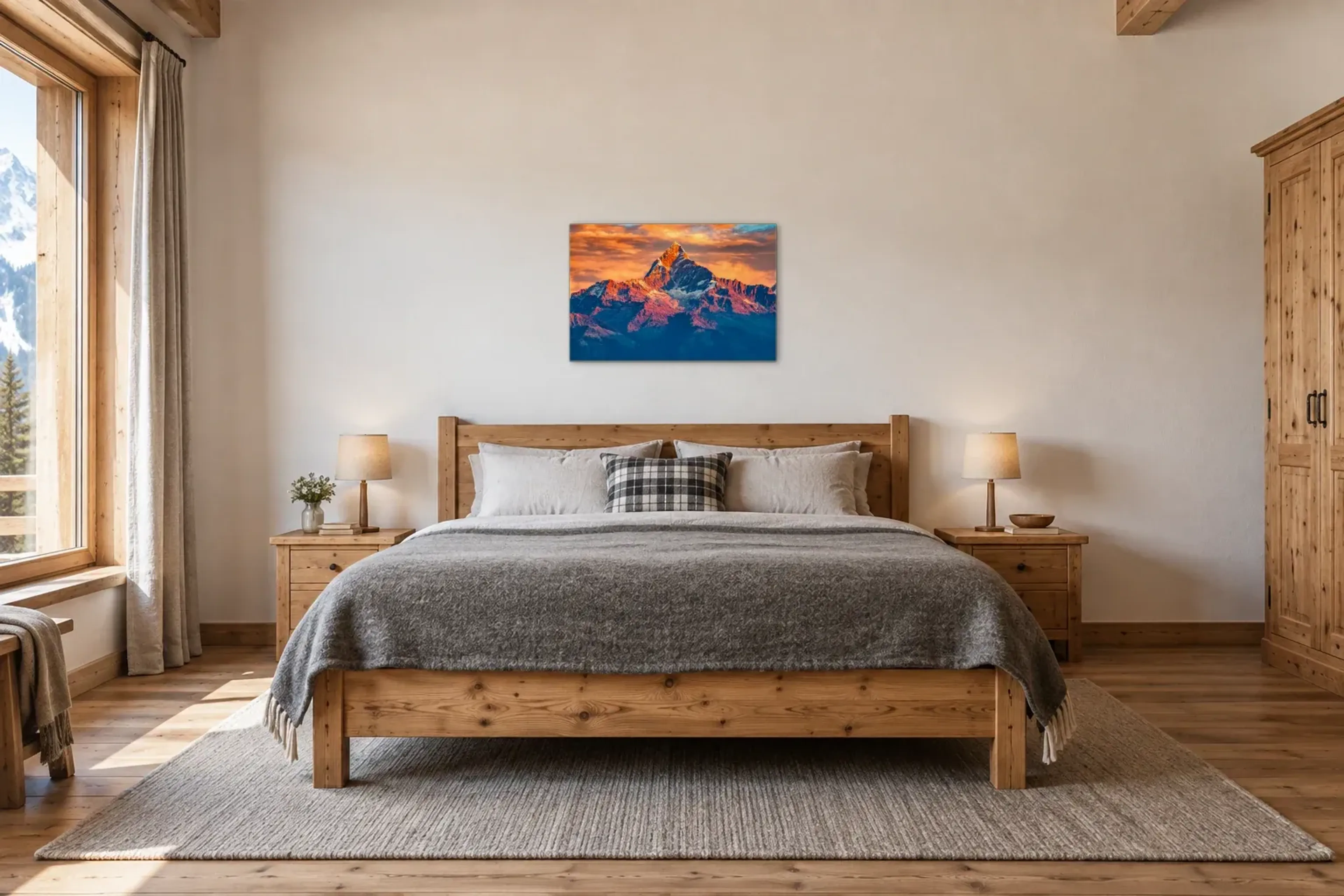 Abendrot als Wandbild über einem 180-cm-Bett