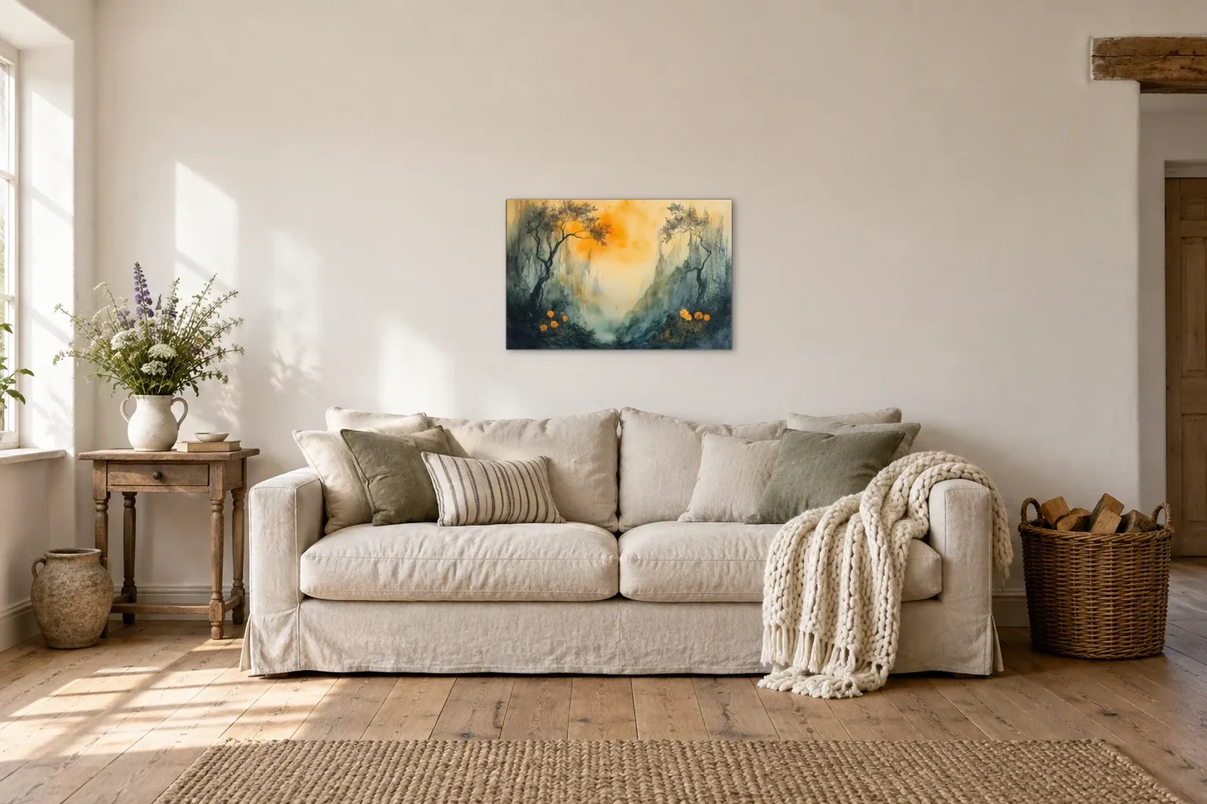 Tal im goldenen Licht als Wandbild über einem 220-cm-Sofa
