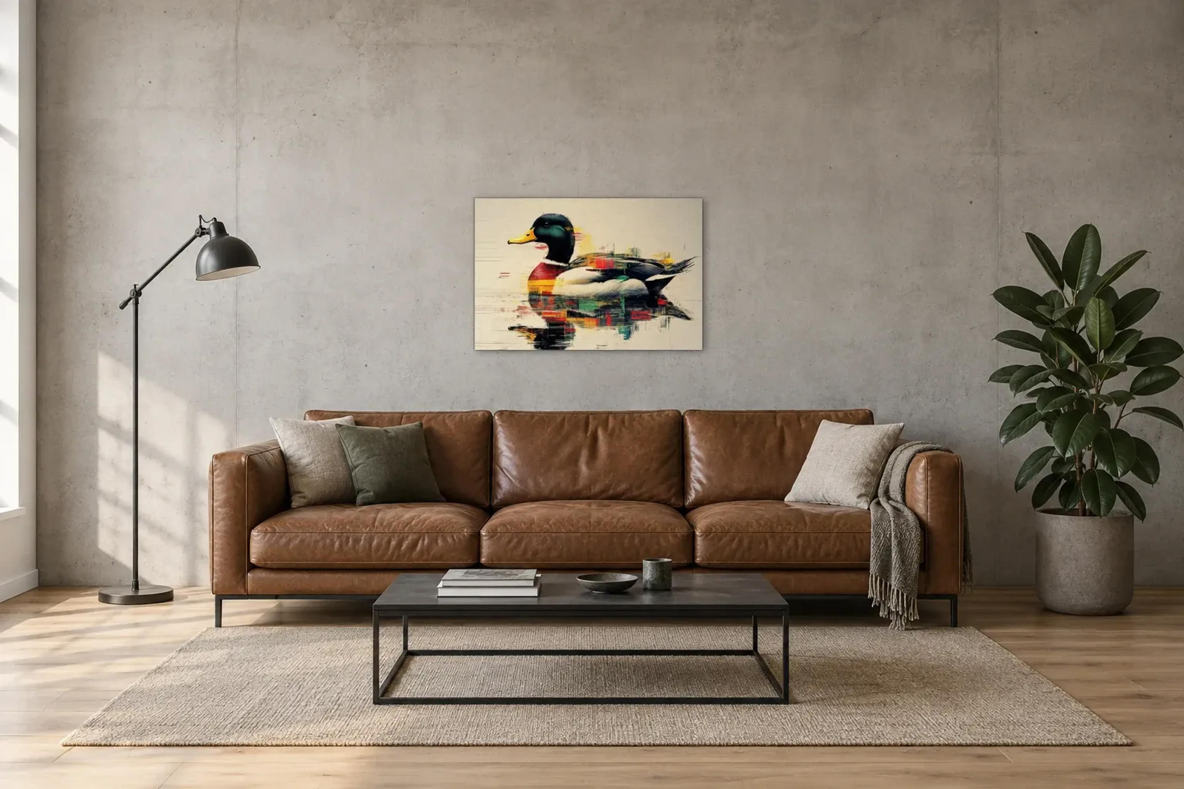 Ente mit Wasserspiegelung als Wandbild über einem 220-cm-Sofa