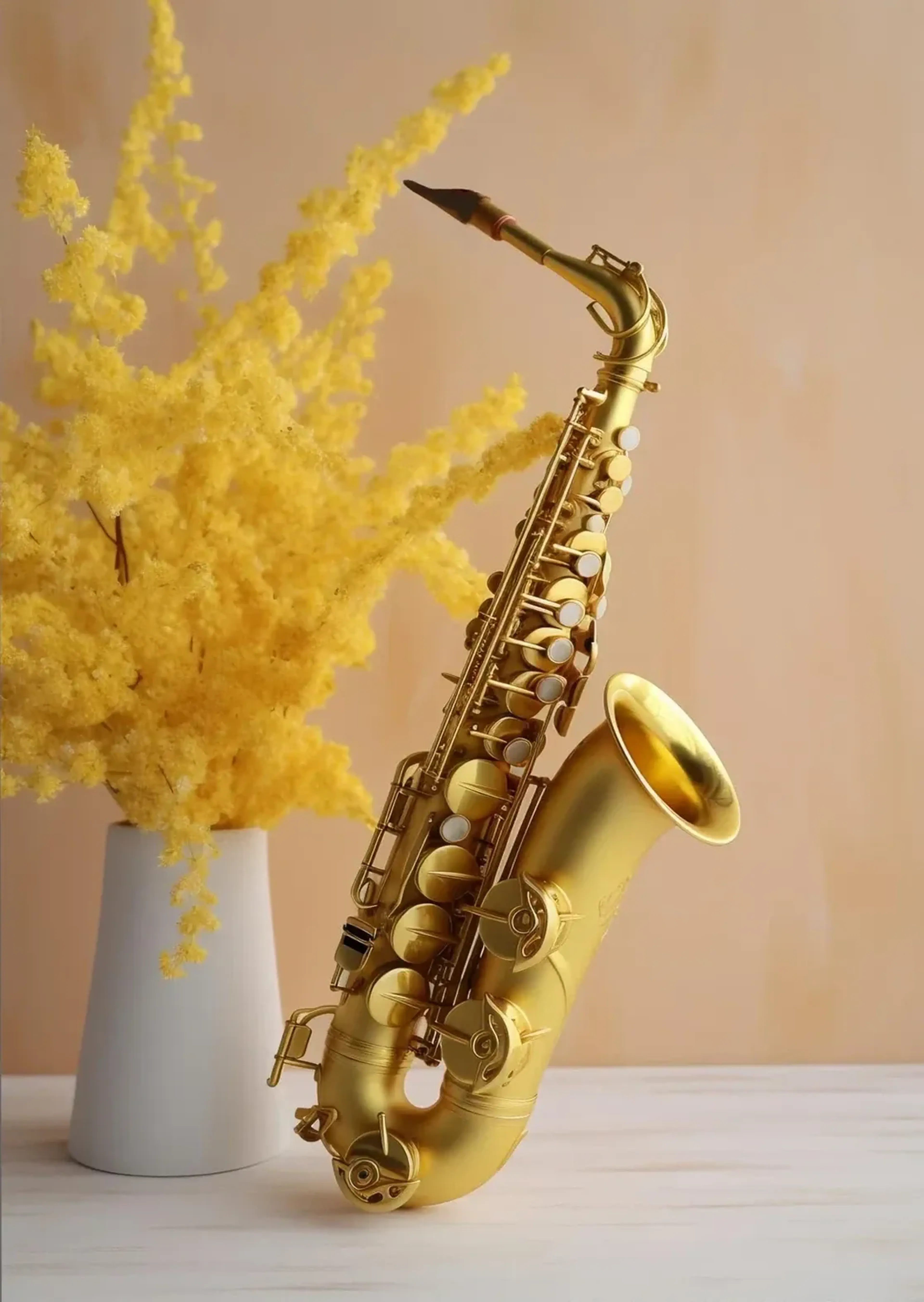 Goldenes Saxophon neben gelben Blütenzweigen in einer weißen Vase vor einem beigefarbenen Hintergrund.