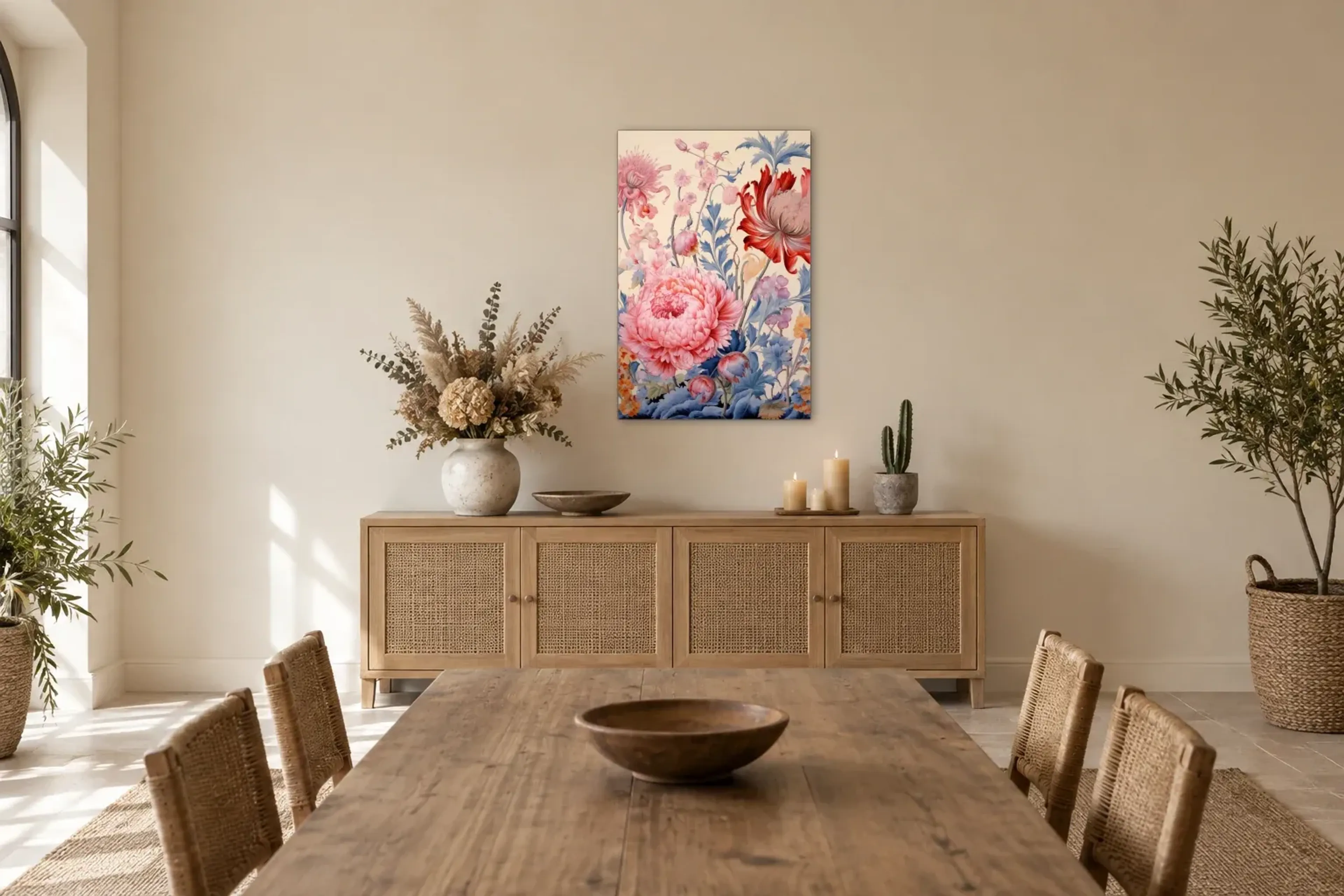 Blüten in Rosa und Rot als Wandbild über einem 160-cm-Sideboard
