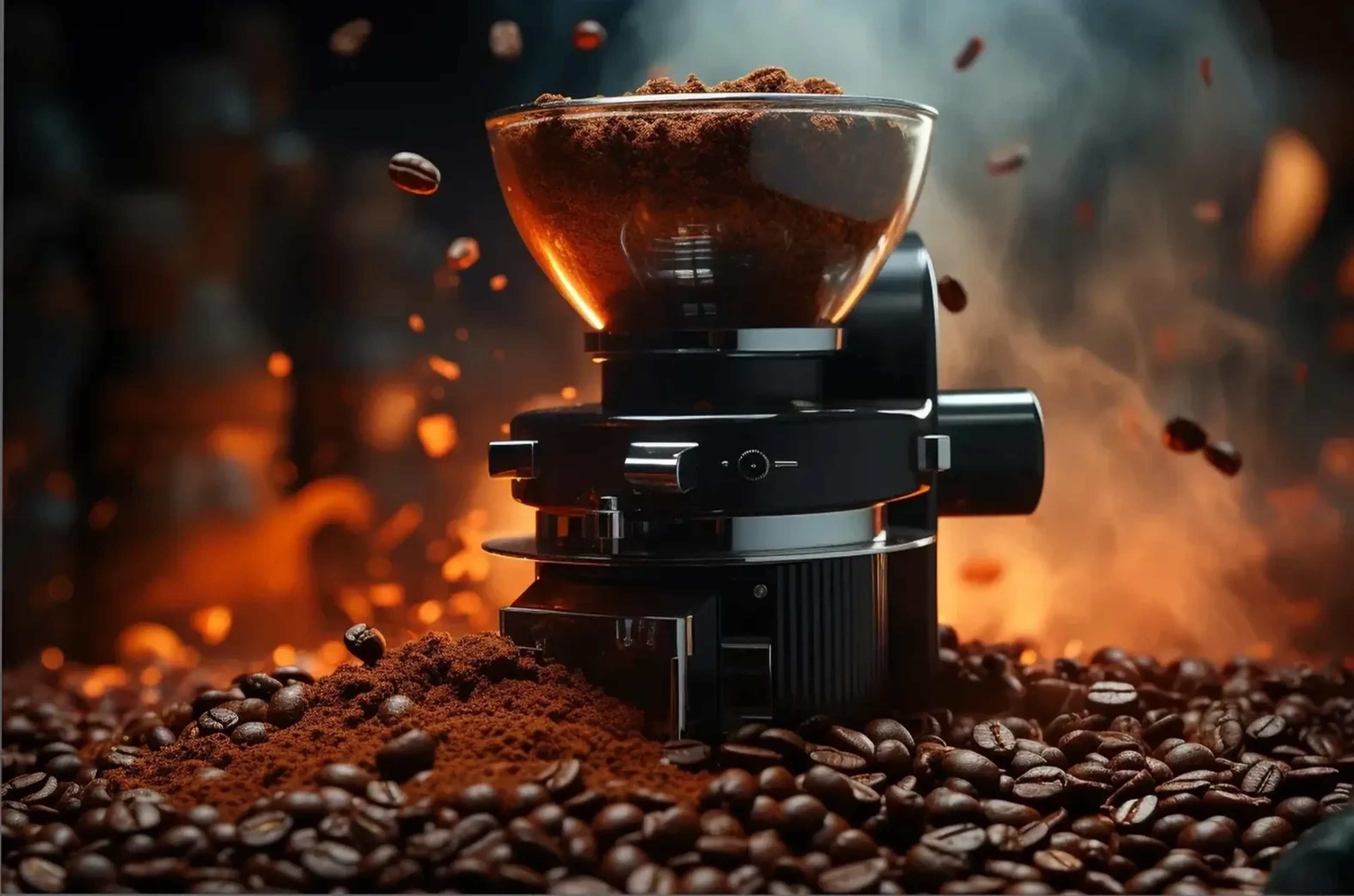 Schwarze Kaffeemühle zwischen Bohnen und Kaffeepulver vor einem orange leuchtenden, rauchigen Hintergrund.