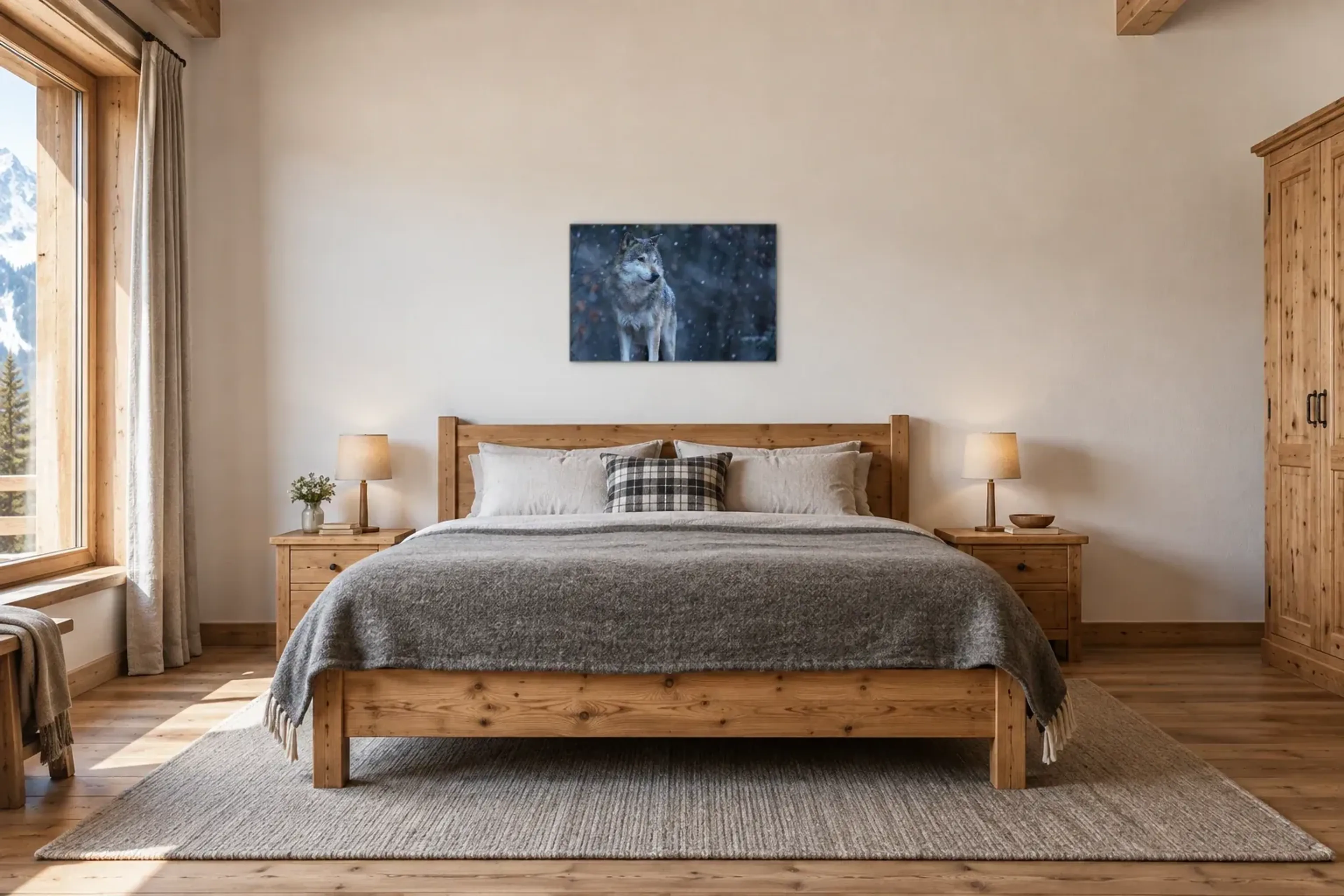 Wolf im Schnee als Wandbild über einem 180-cm-Bett