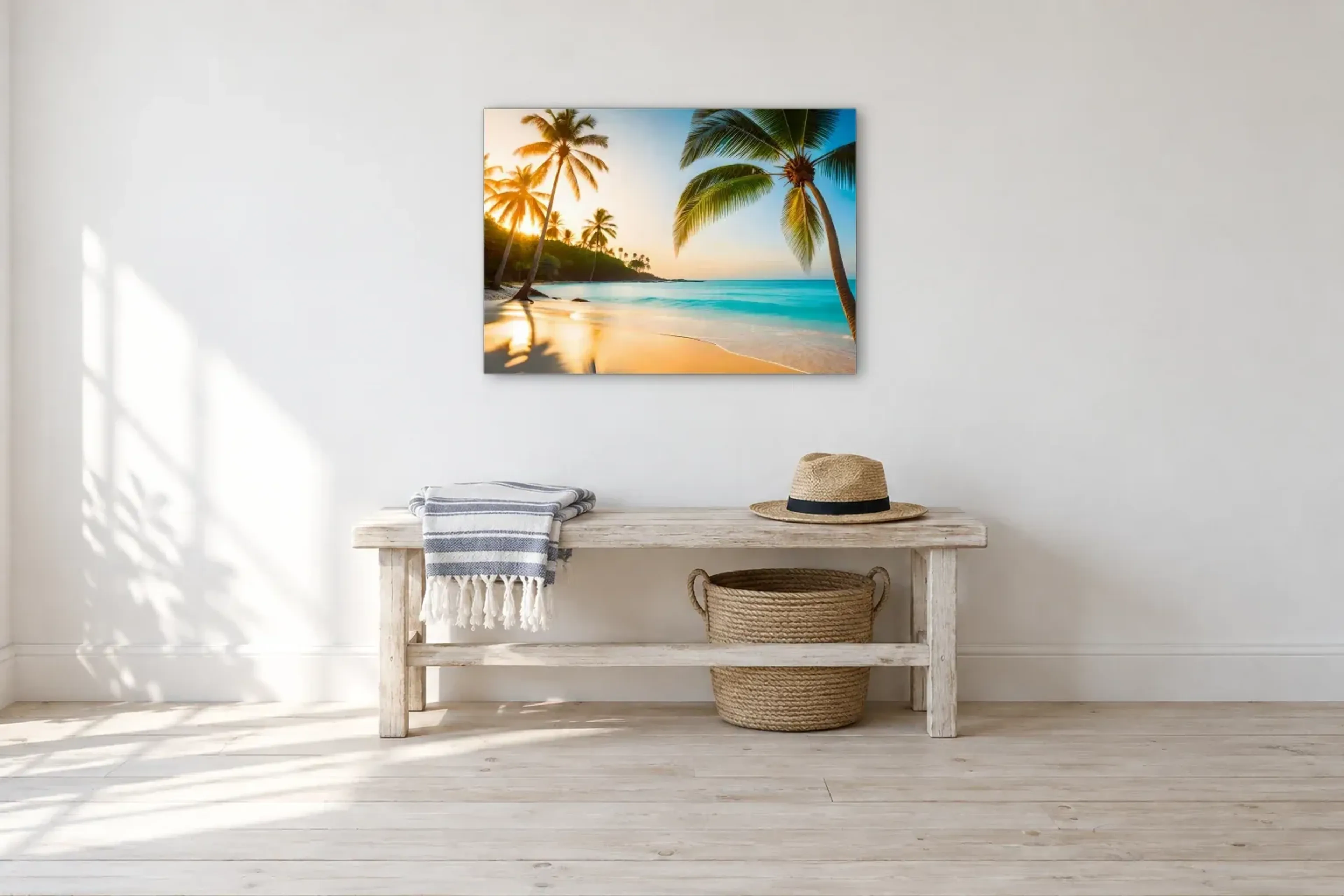Palmen am Strand als Wandbild über einer 100-cm-Bank