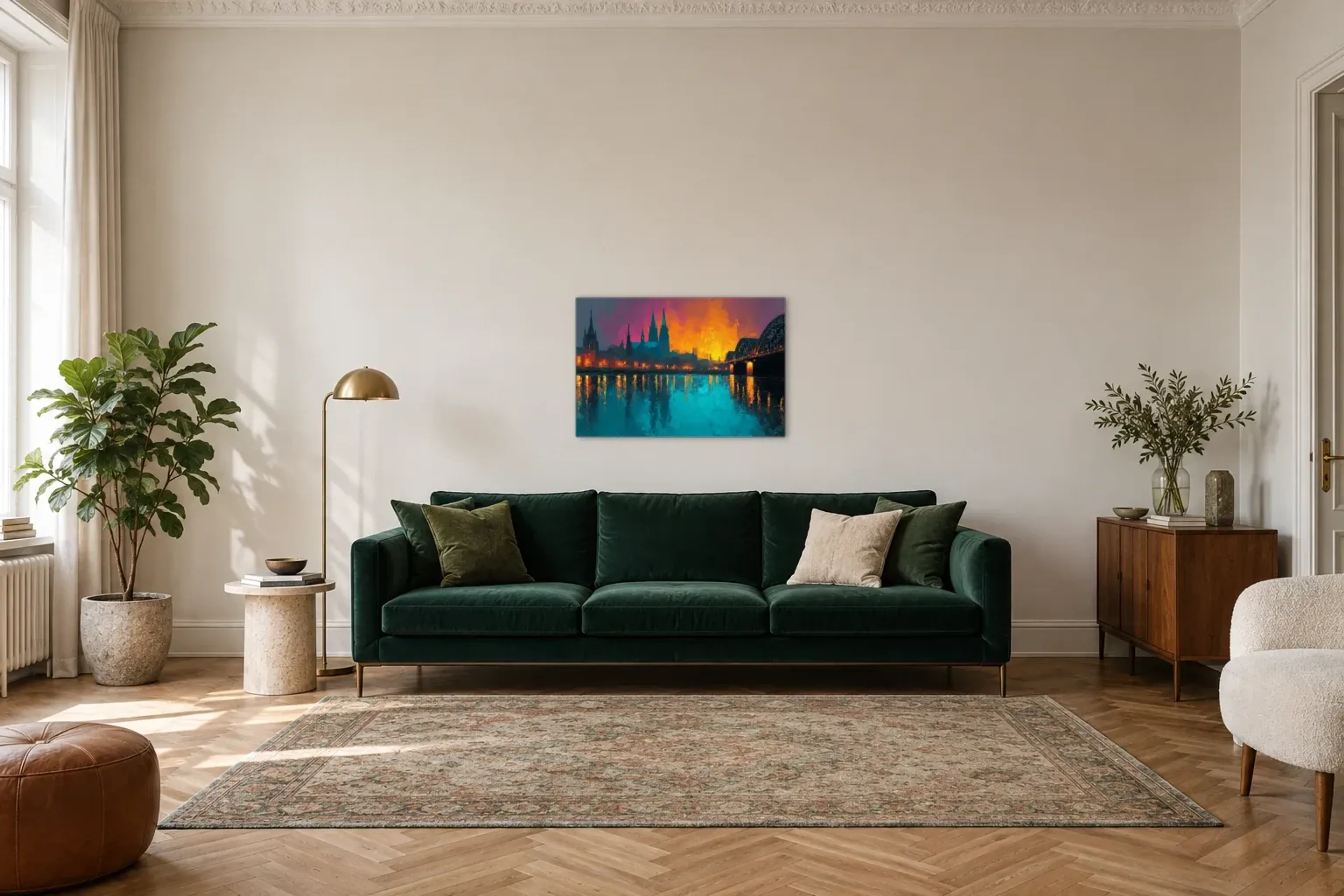 Köln im Abendglühen als Wandbild über einem 220-cm-Sofa