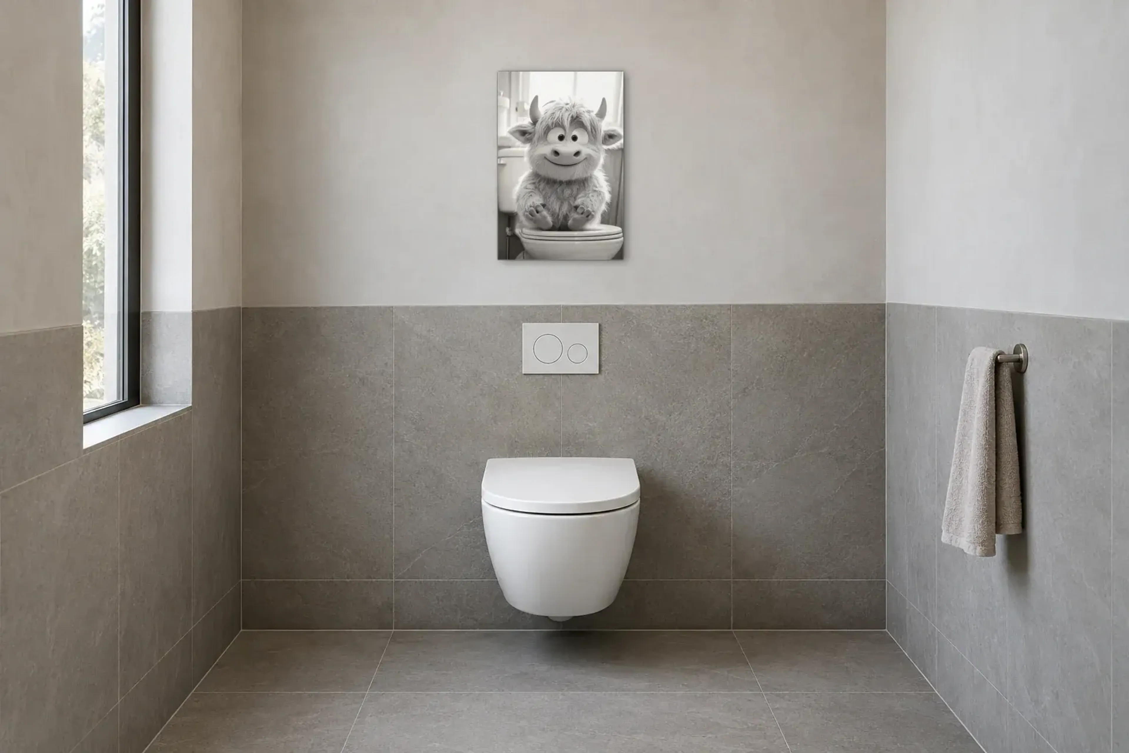 Zotteliges Hochlandrind als Wandbild im Gäste-WC