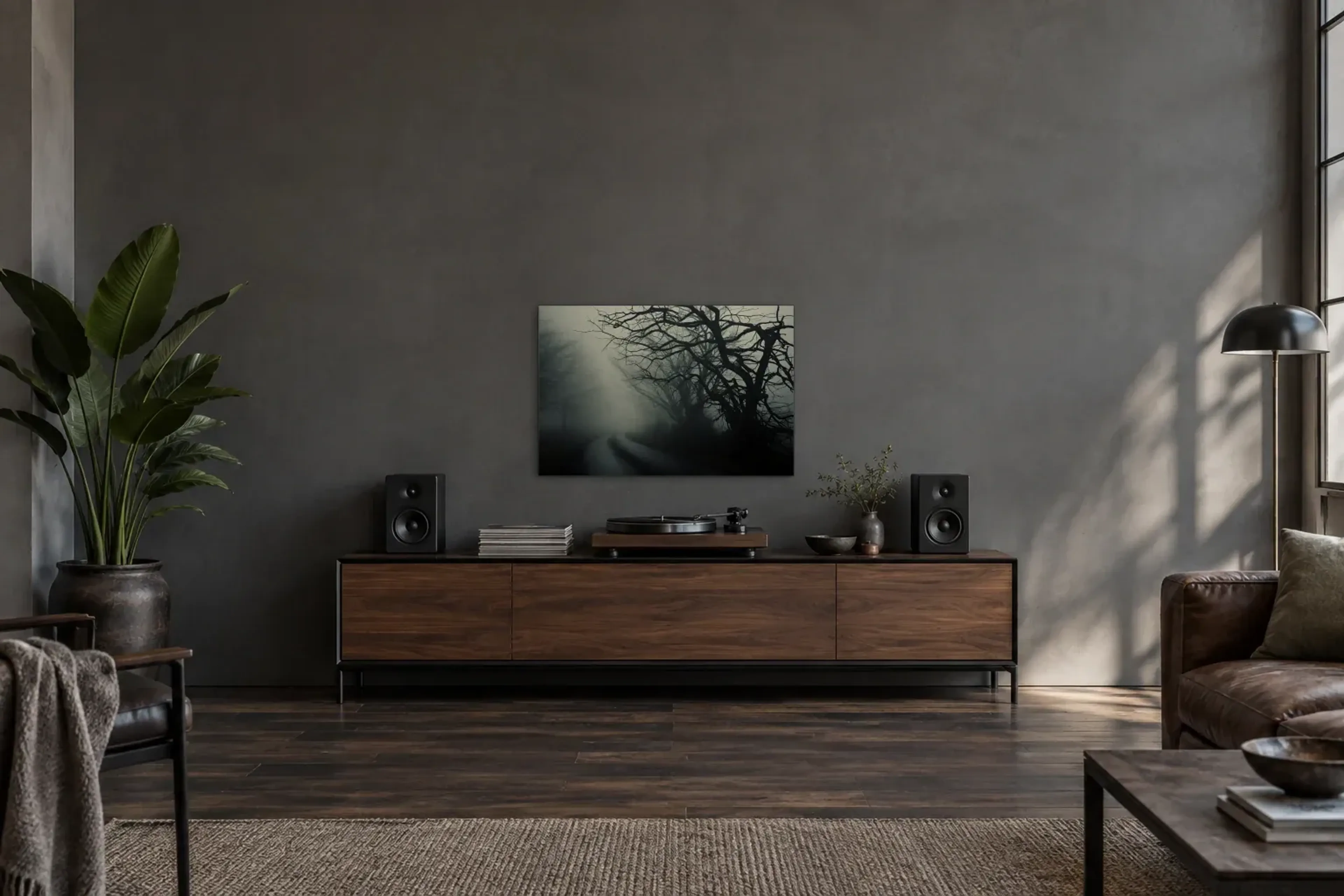 Straße im Nebel als Wandbild über einem 200-cm-Sideboard