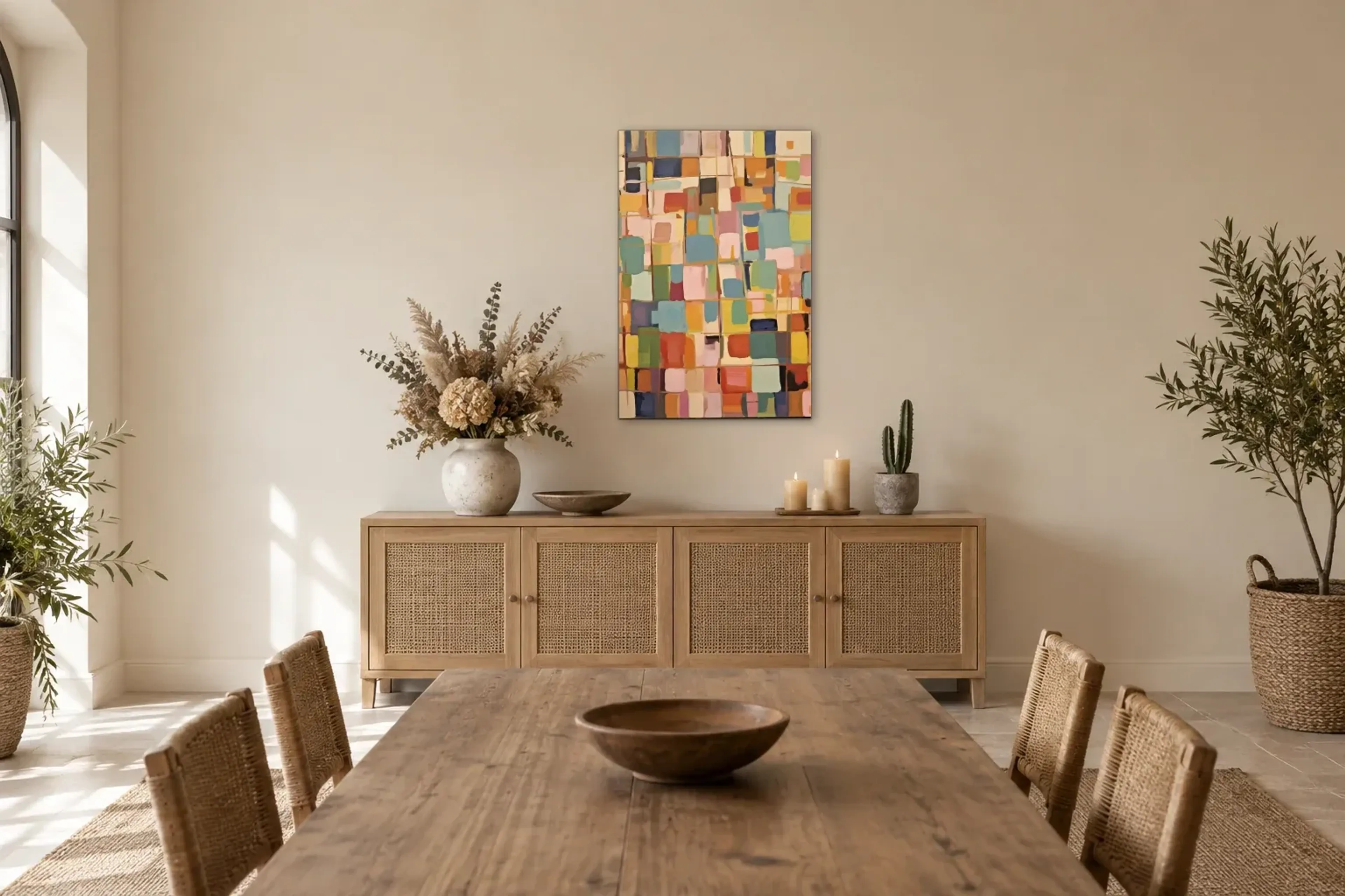 Buntes Muster als Wandbild über einem 160-cm-Sideboard
