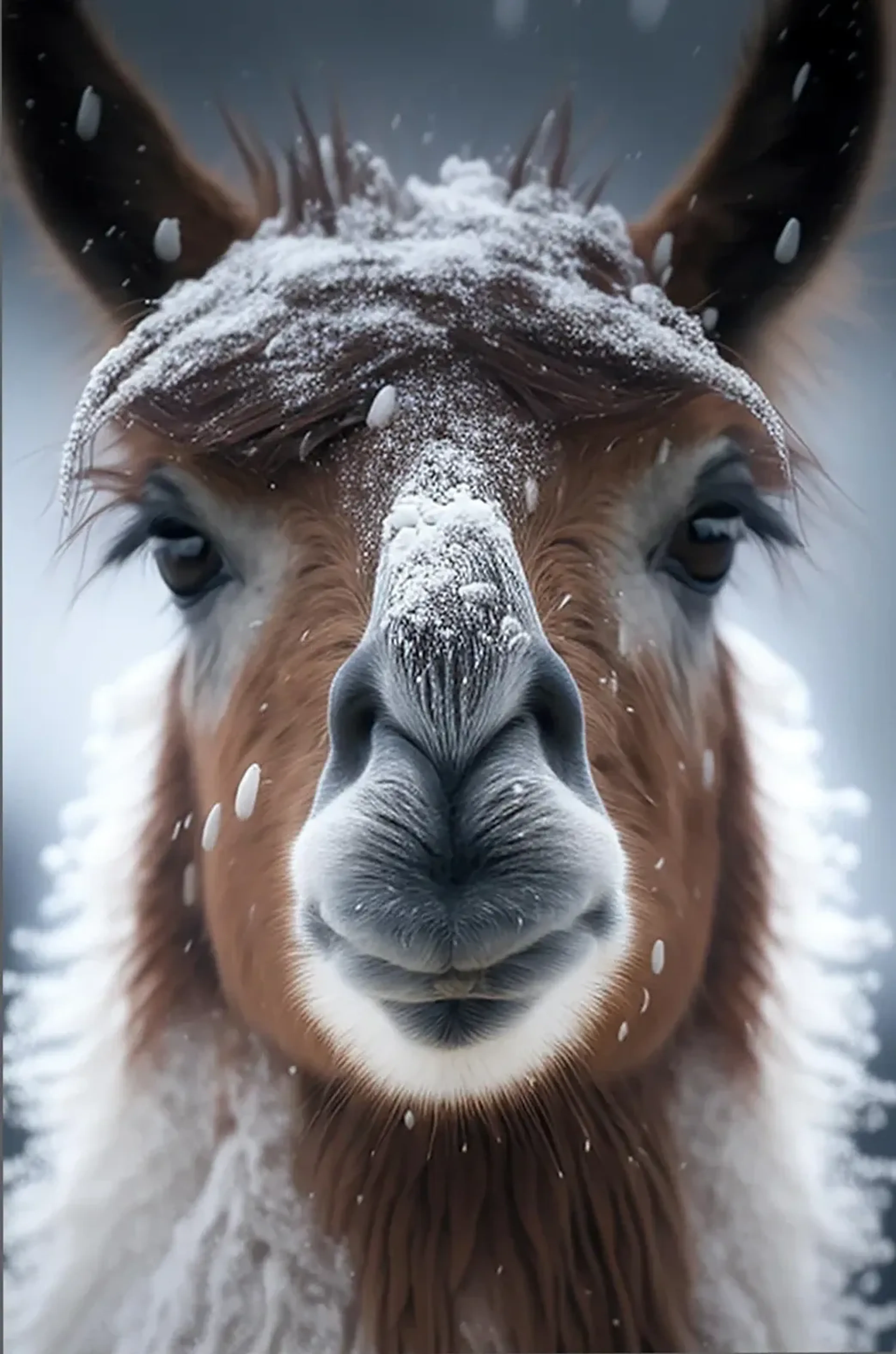 Nahansicht eines braunen Alpakas mit Schnee auf Stirn und Schnauze vor einem blaugrauen Hintergrund.