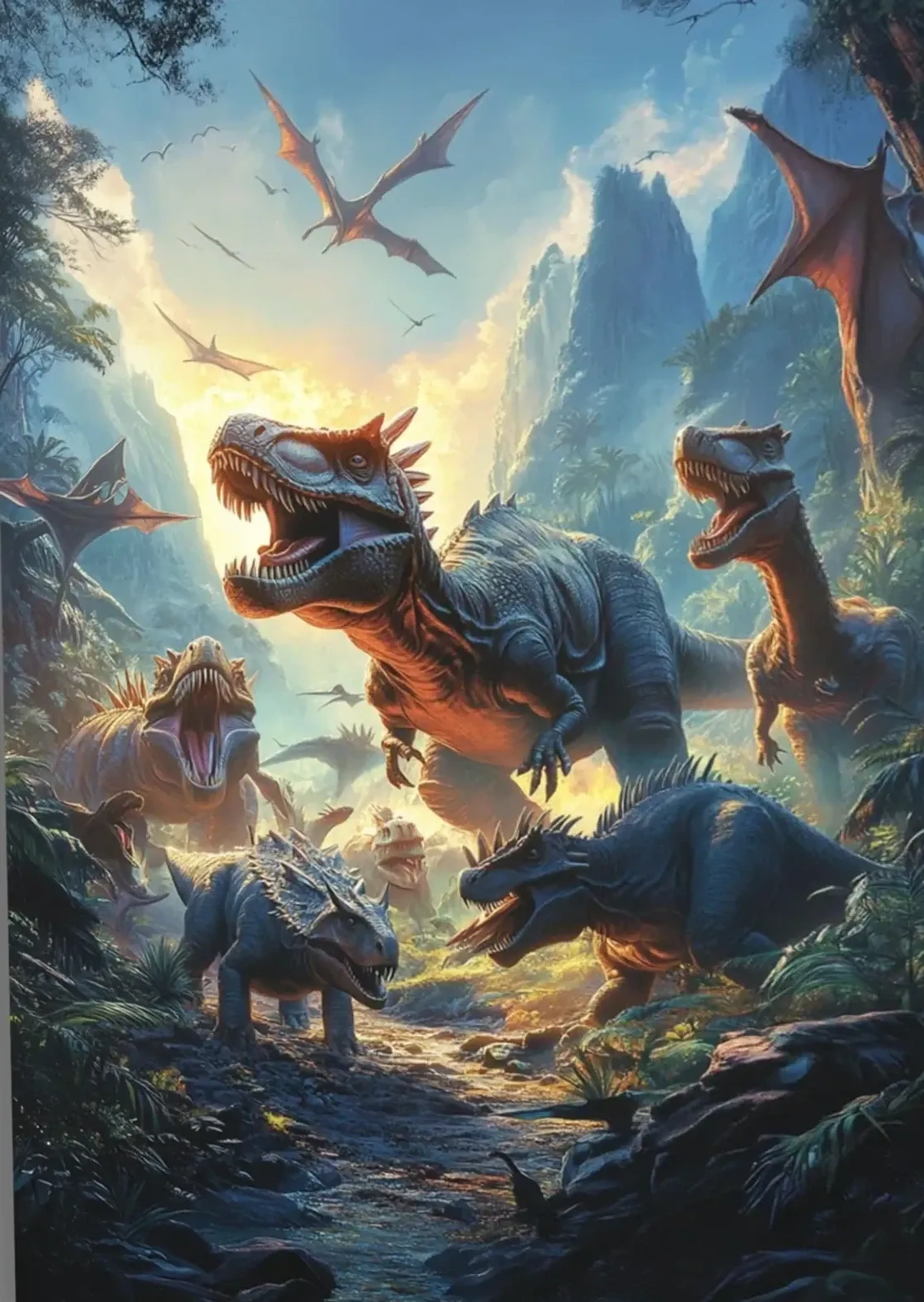 Große Dinosaurier mit offenen Mäulern stehen in einem bewachsenen Felstal, darüber fliegen Flugsaurier.