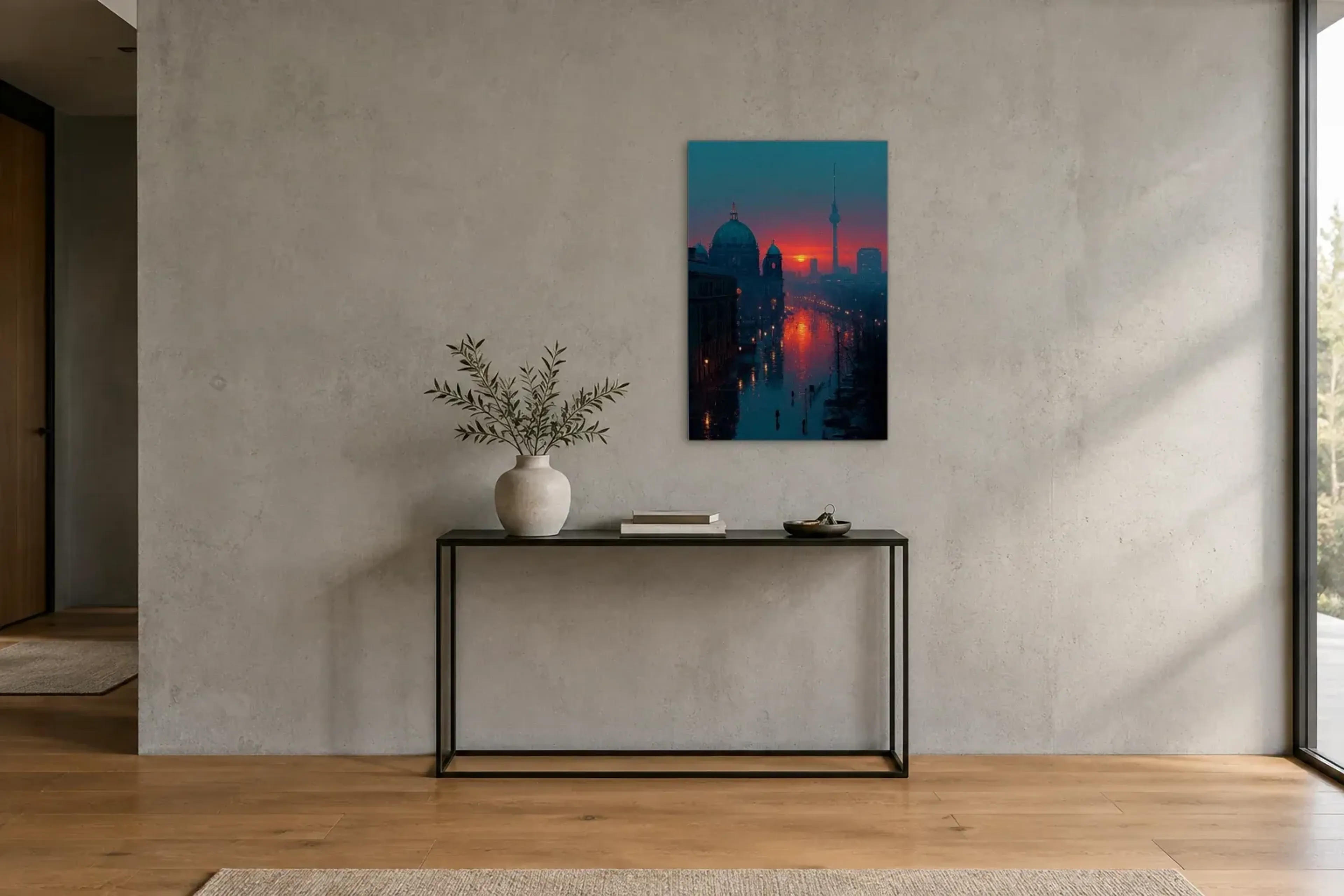 Rotes Abendlicht in Berlin als Wandbild über einer 120-cm-Konsole