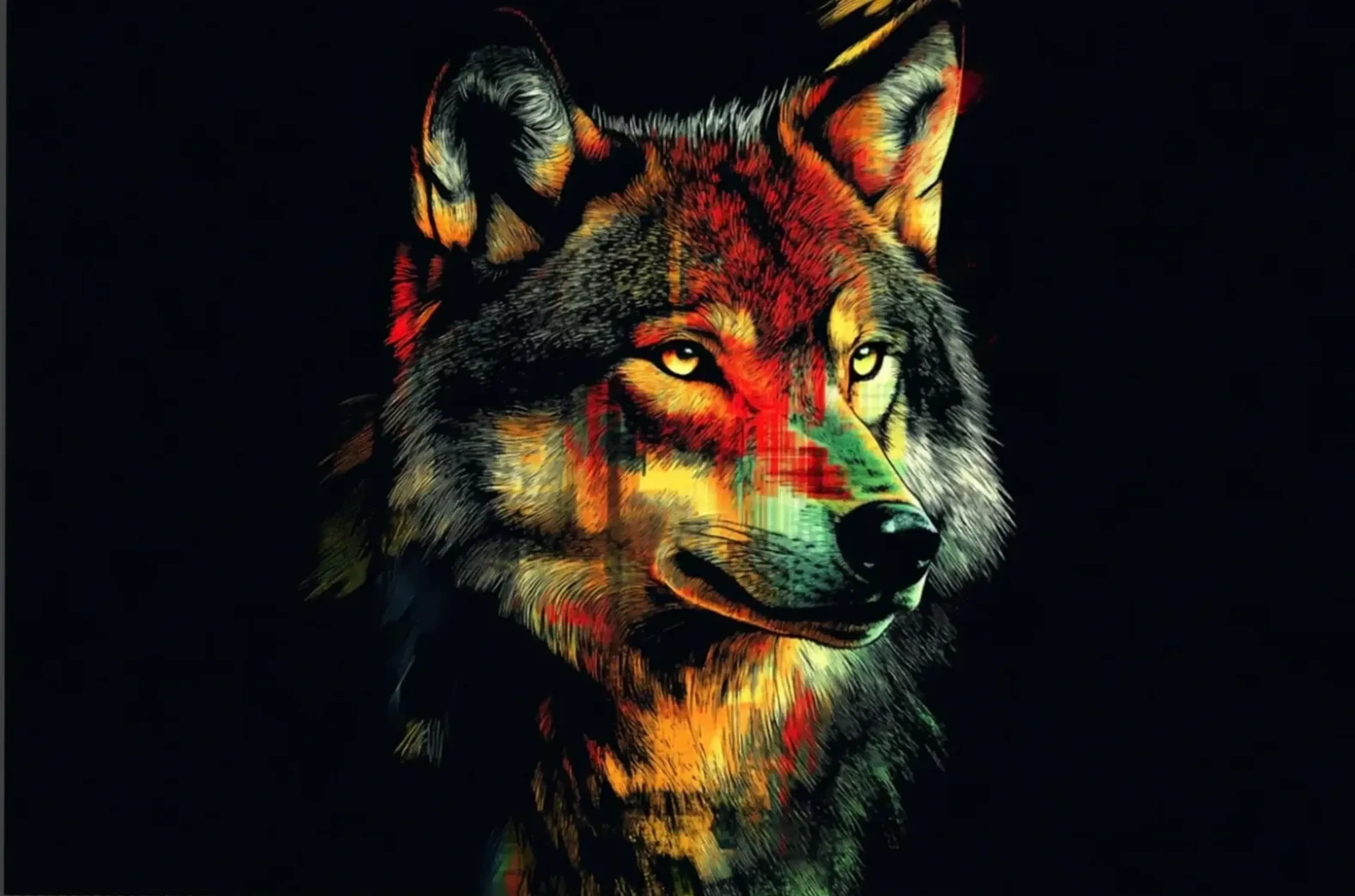 Wolf mit goldenem Blick – Motiv als Wandbild auf Holz