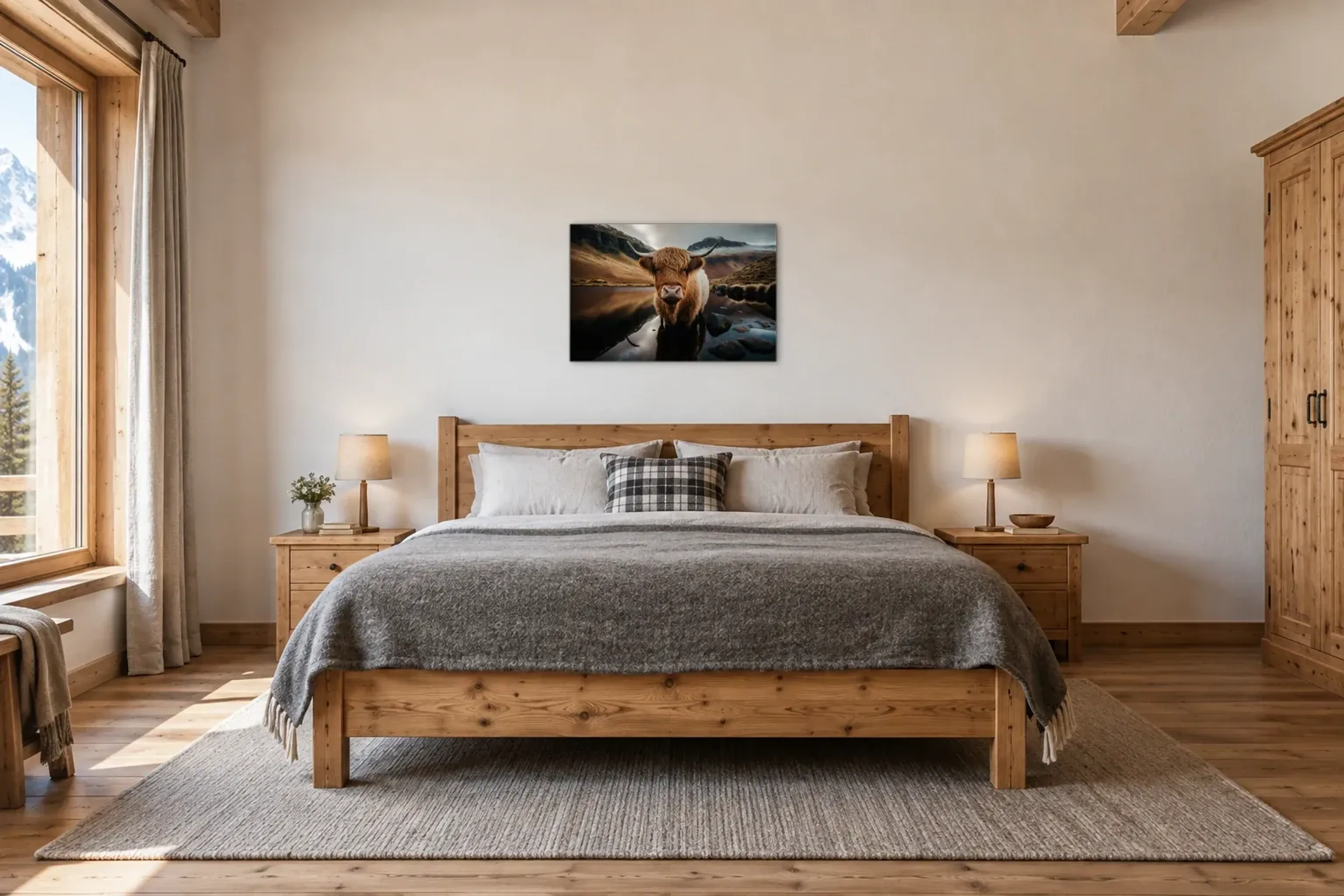 Rind im See als Wandbild über einem 180-cm-Bett