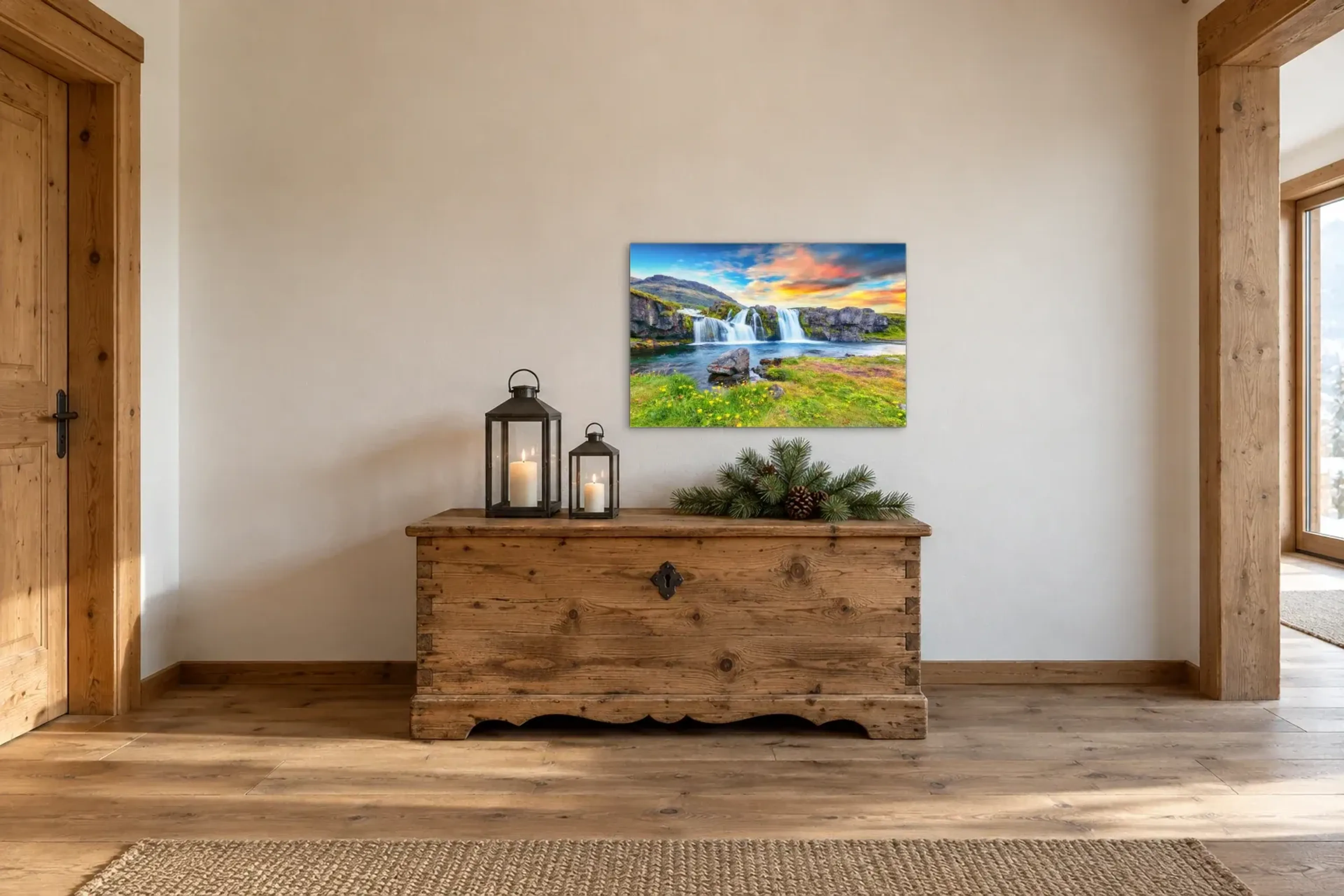Wasserfälle im Abendlicht als Wandbild über einer 140-cm-Truhe