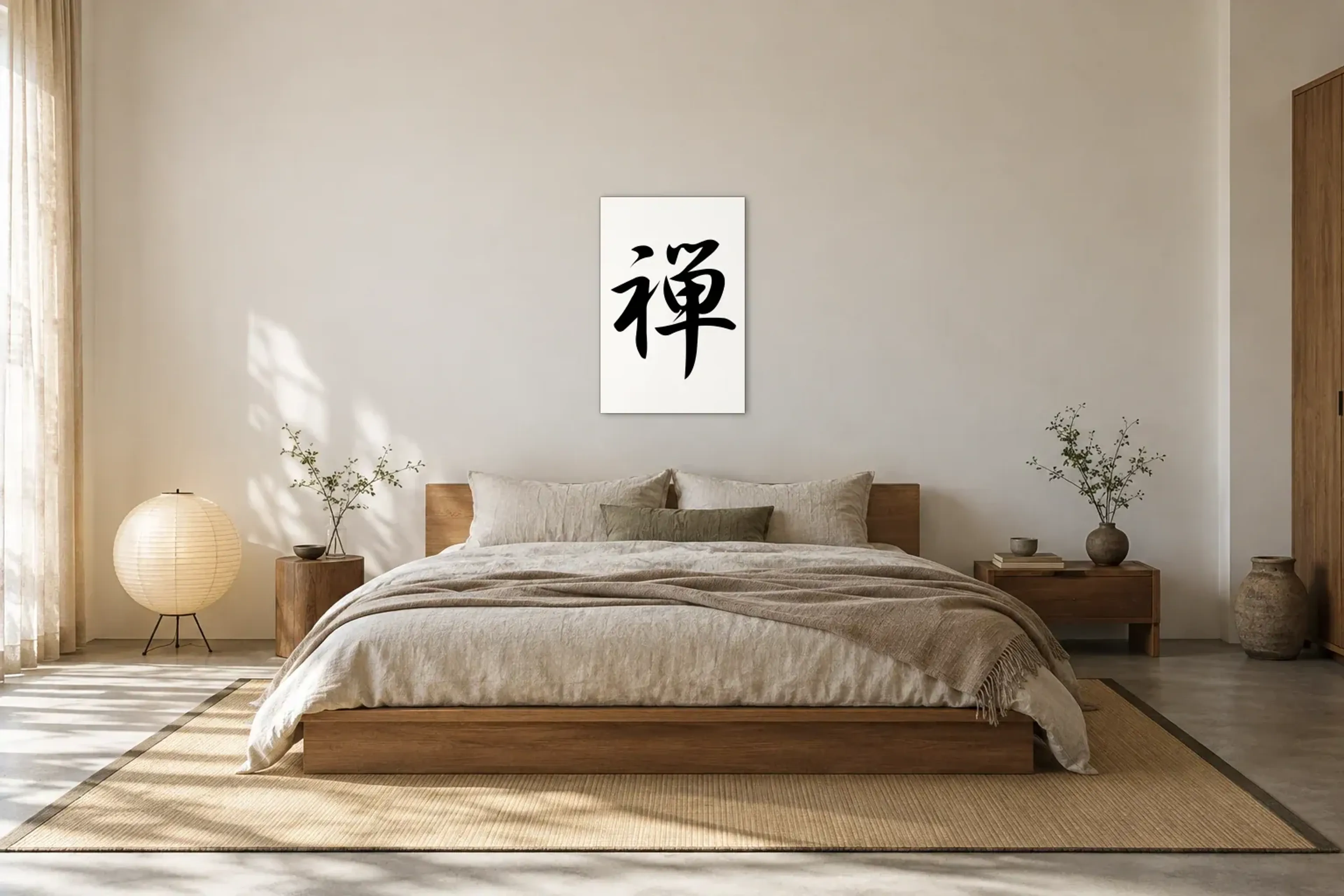 Zeichen mit weitem Schwung als Wandbild über einem 180-cm-Bett