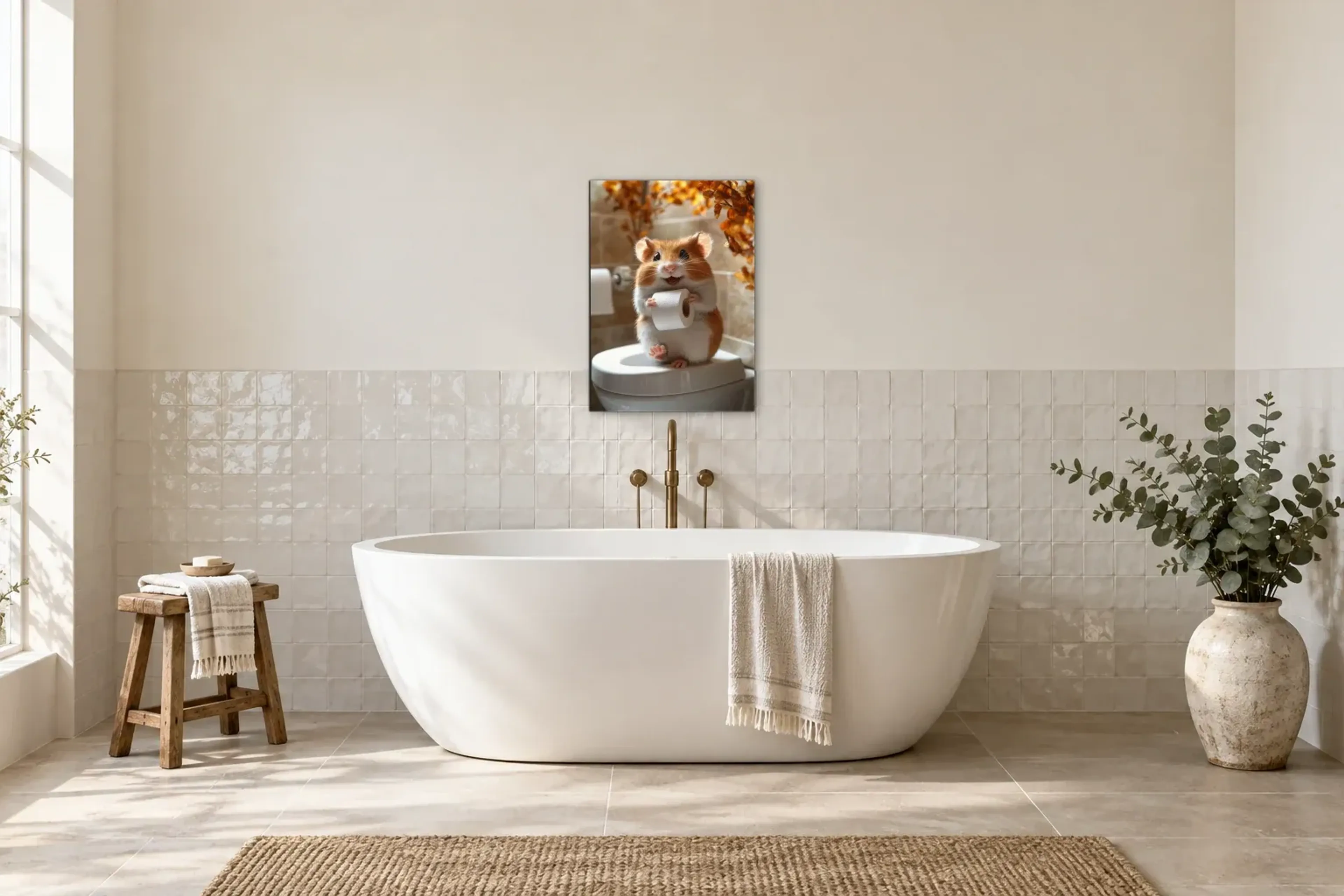 Hamster mit Klopapier als Wandbild über einer 170-cm-Badewanne