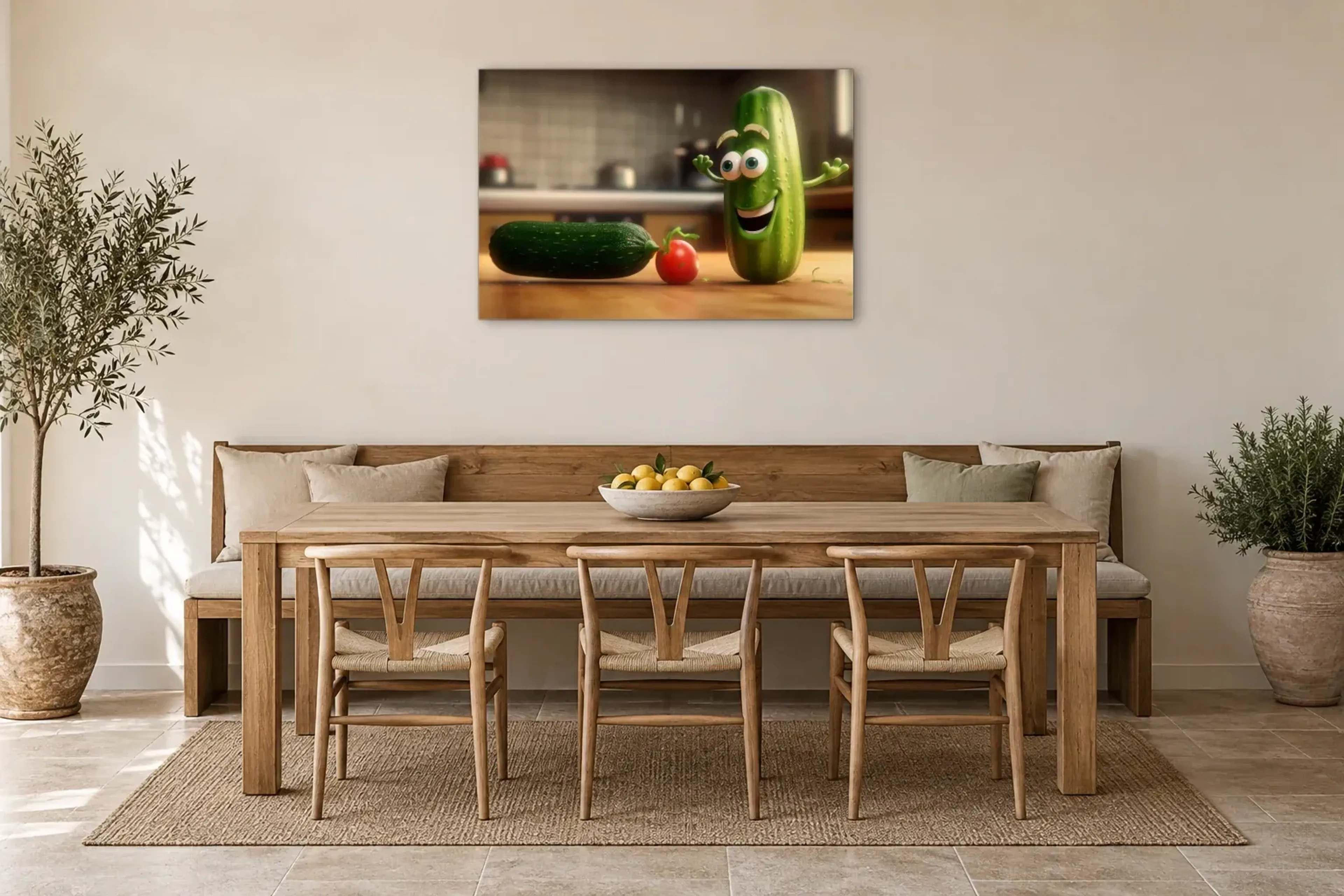 Gurken als Wandbild über einer 200-cm-Sitzbank