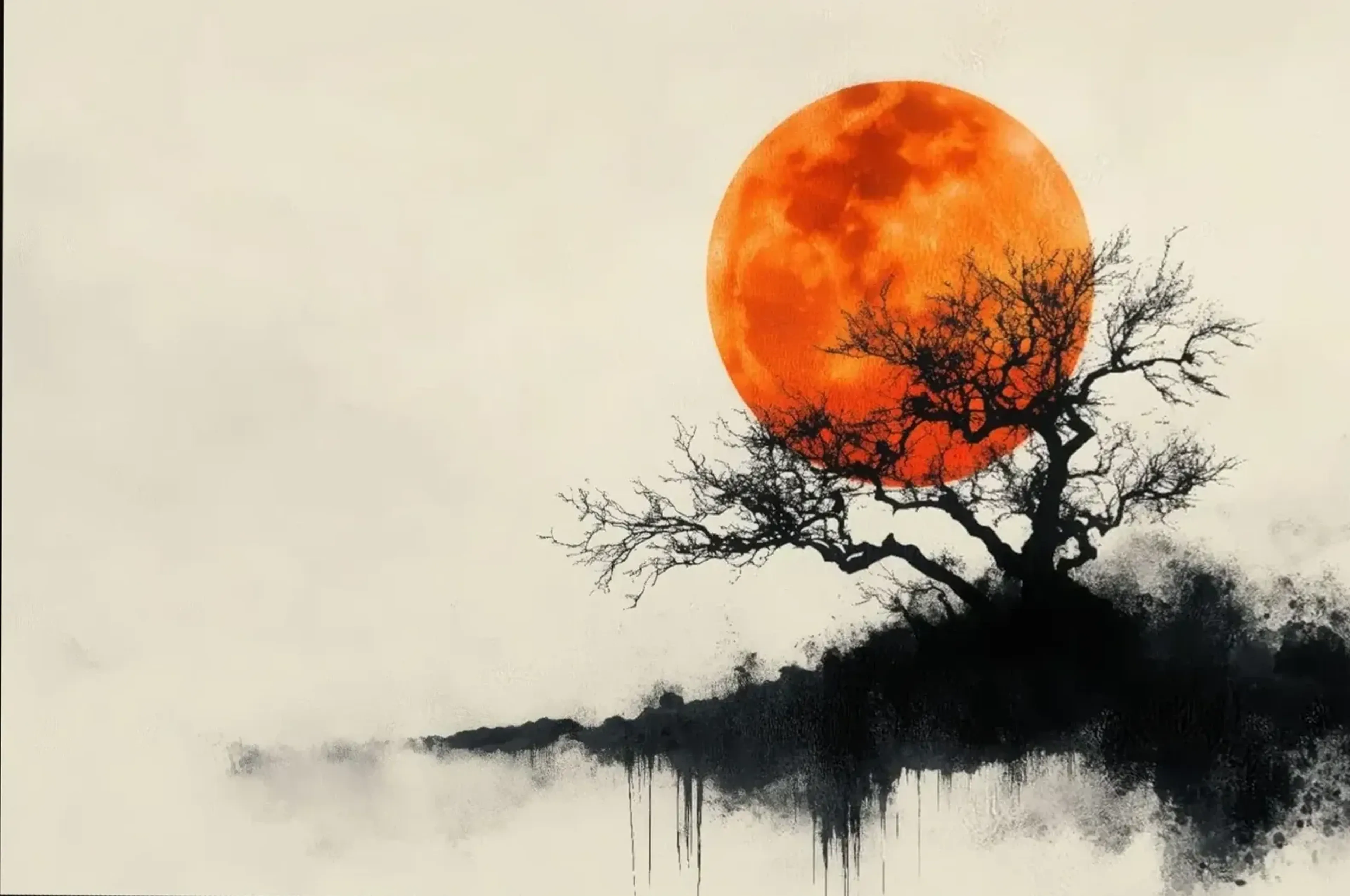 Baum vor orangefarbener Sonne – Motiv als Wandbild auf Holz