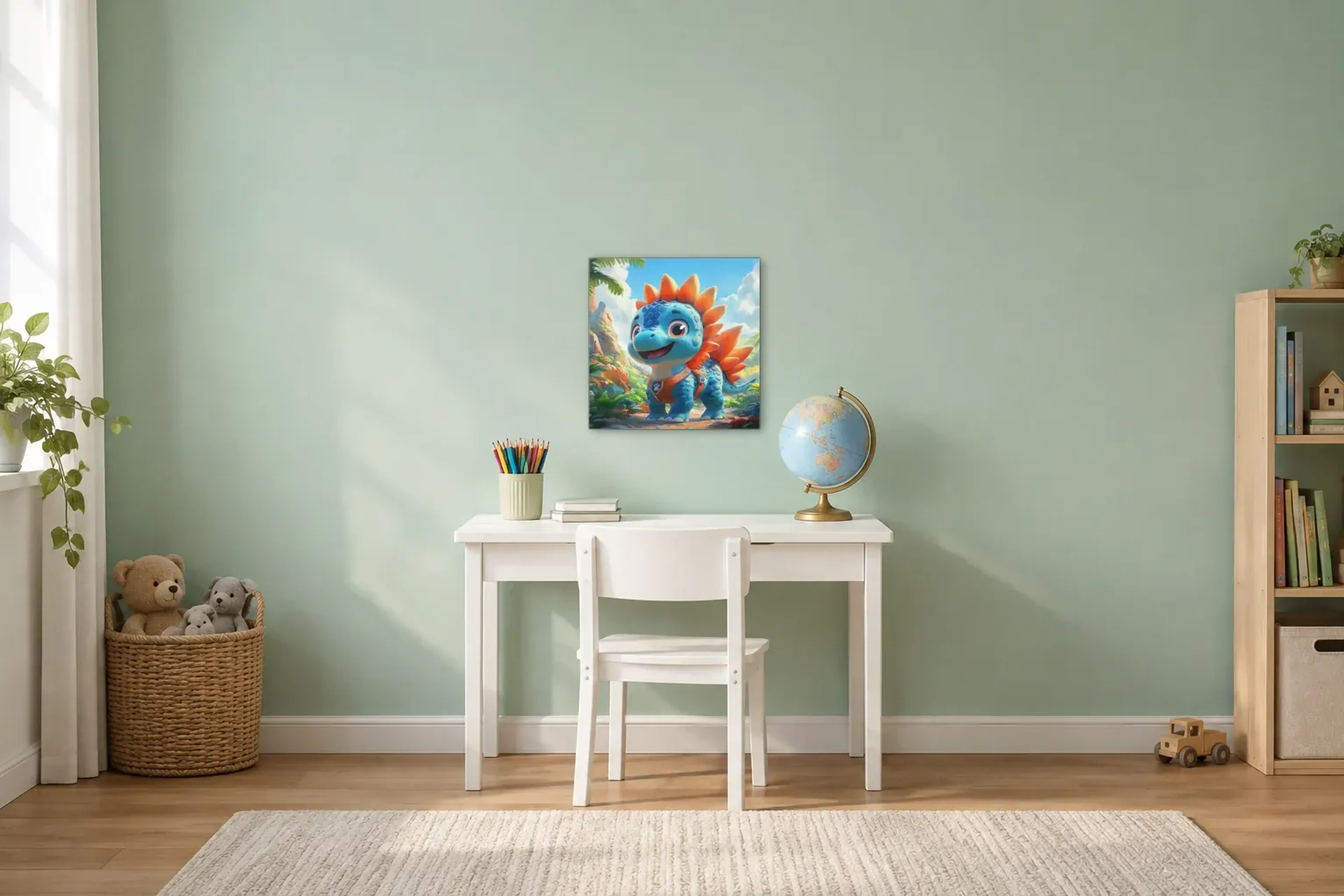 Blauer Dino auf Entdeckung als Wandbild über einem 110-cm-Kinderschreibtisch