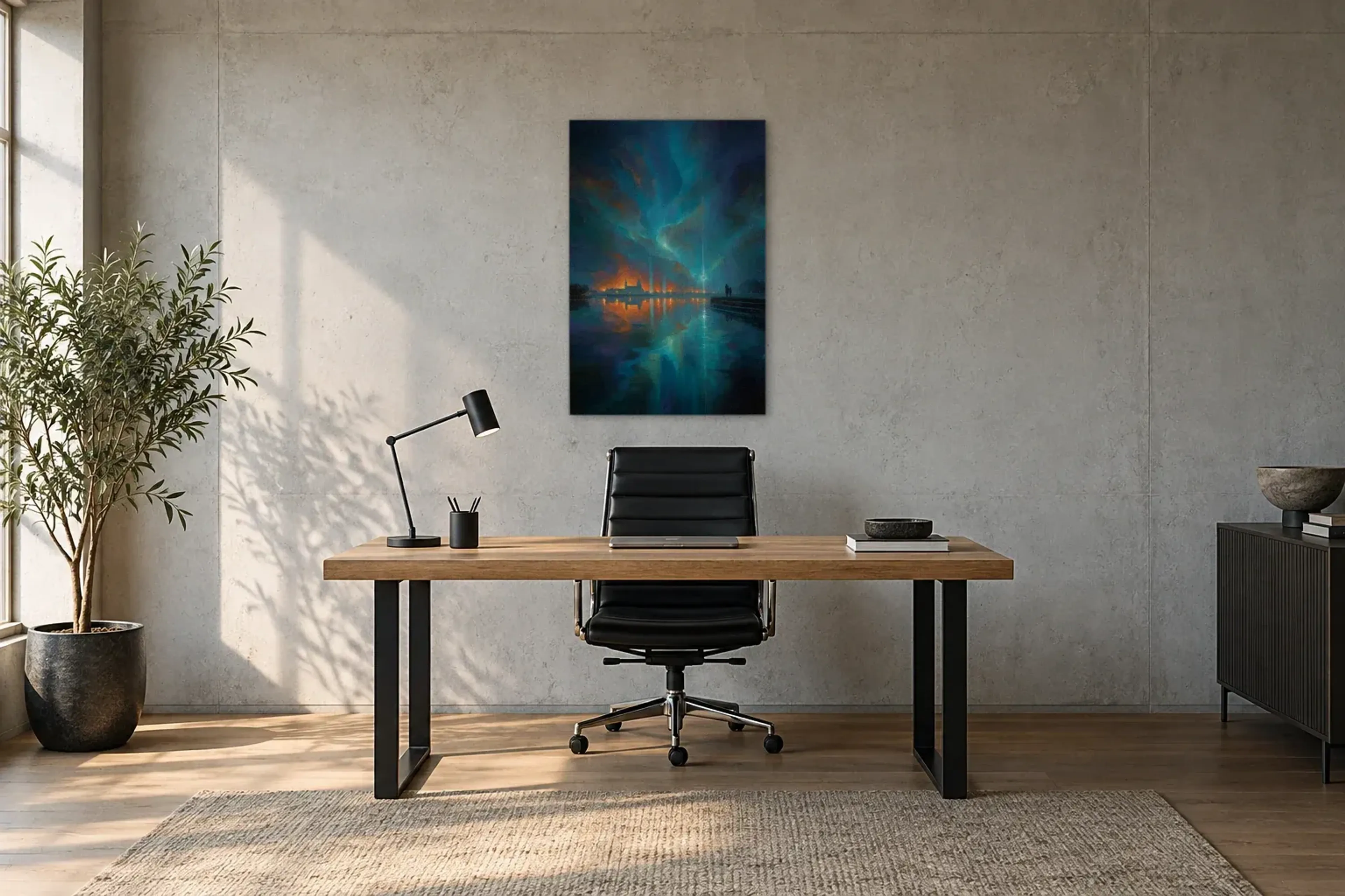 Türkis über stillem Wasser als Wandbild über einem 160-cm-Schreibtisch