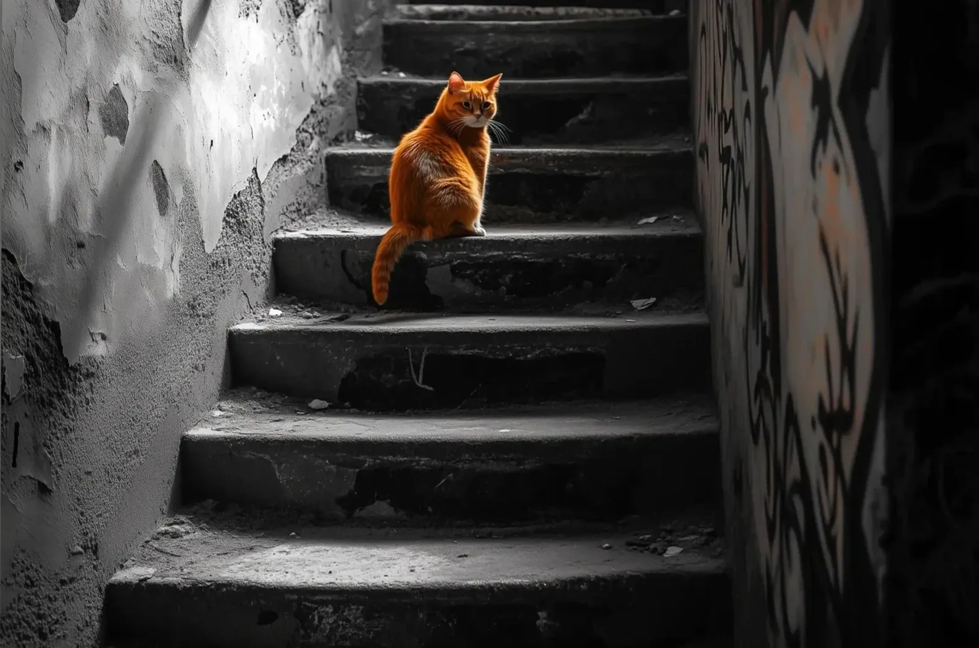 Katze auf alten Stufen – Motiv als Wandbild auf Holz