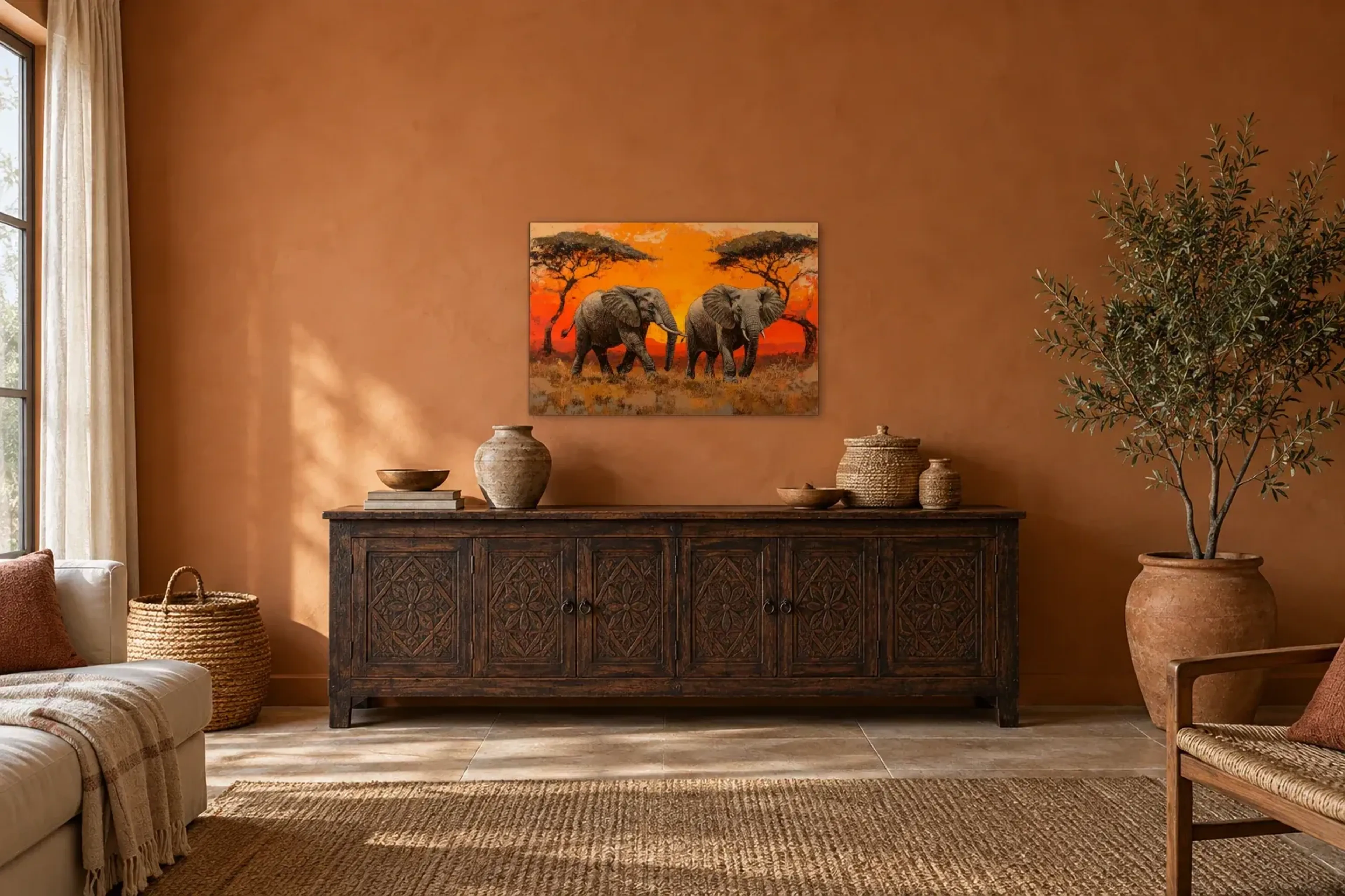 Elefanten zwischen Schirmbäumen als Wandbild über einem 180-cm-Sideboard