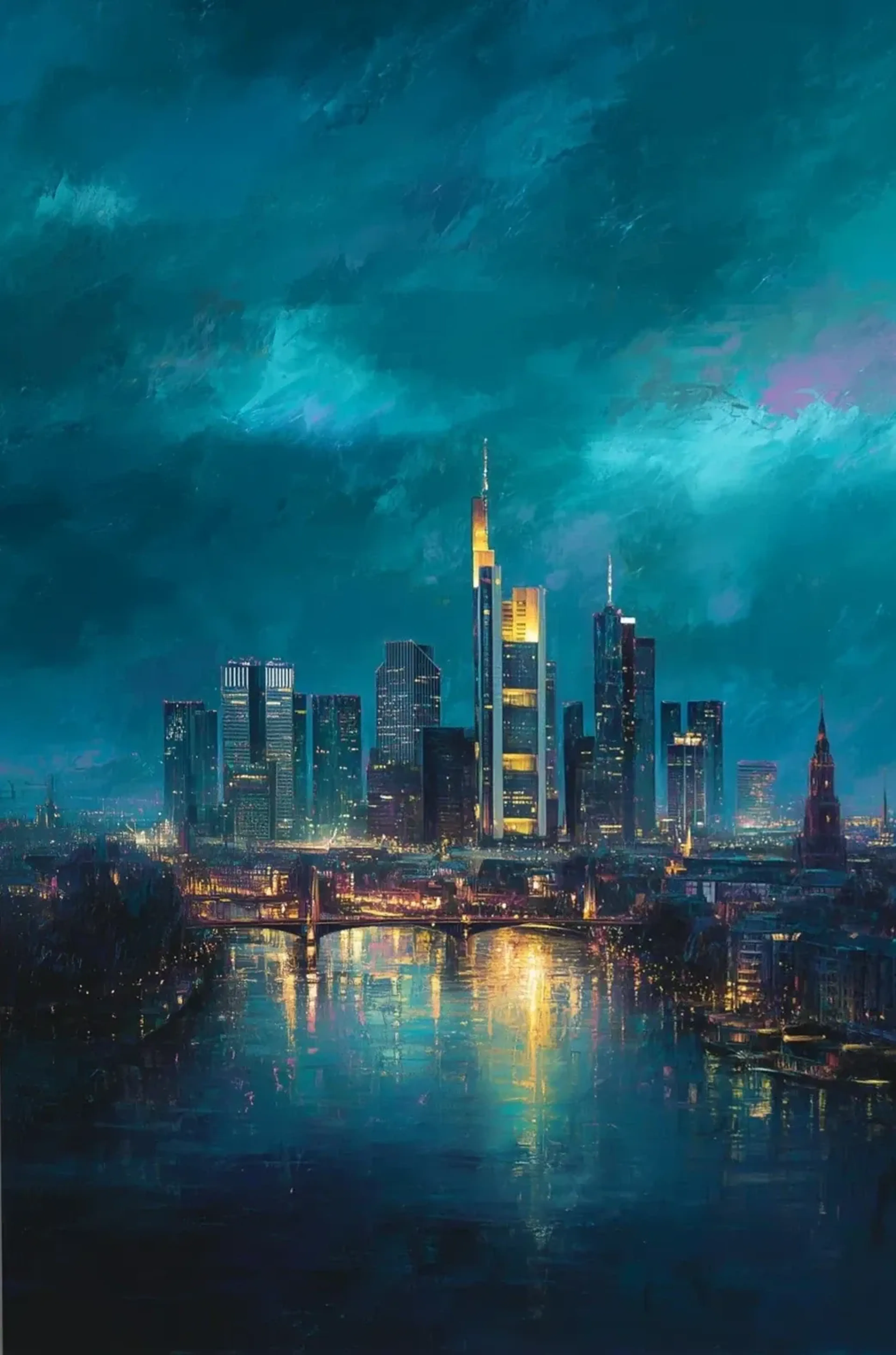 Frankfurts beleuchtete Skyline unter petrolfarbenem Himmel mit einer Brücke und goldenen Spiegelungen im Main.