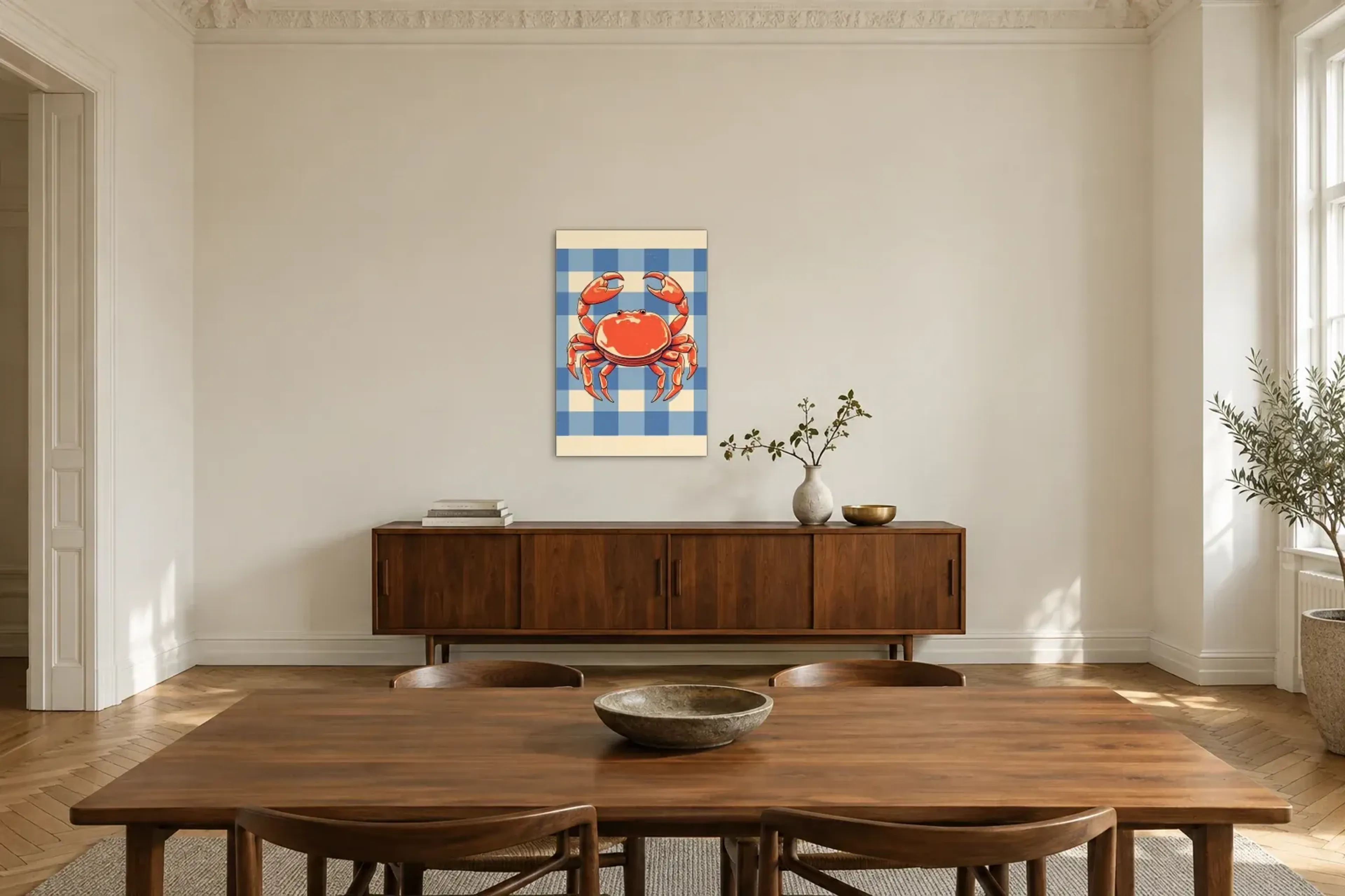 Krabbe auf Karomuster als Wandbild über einem 200-cm-Sideboard
