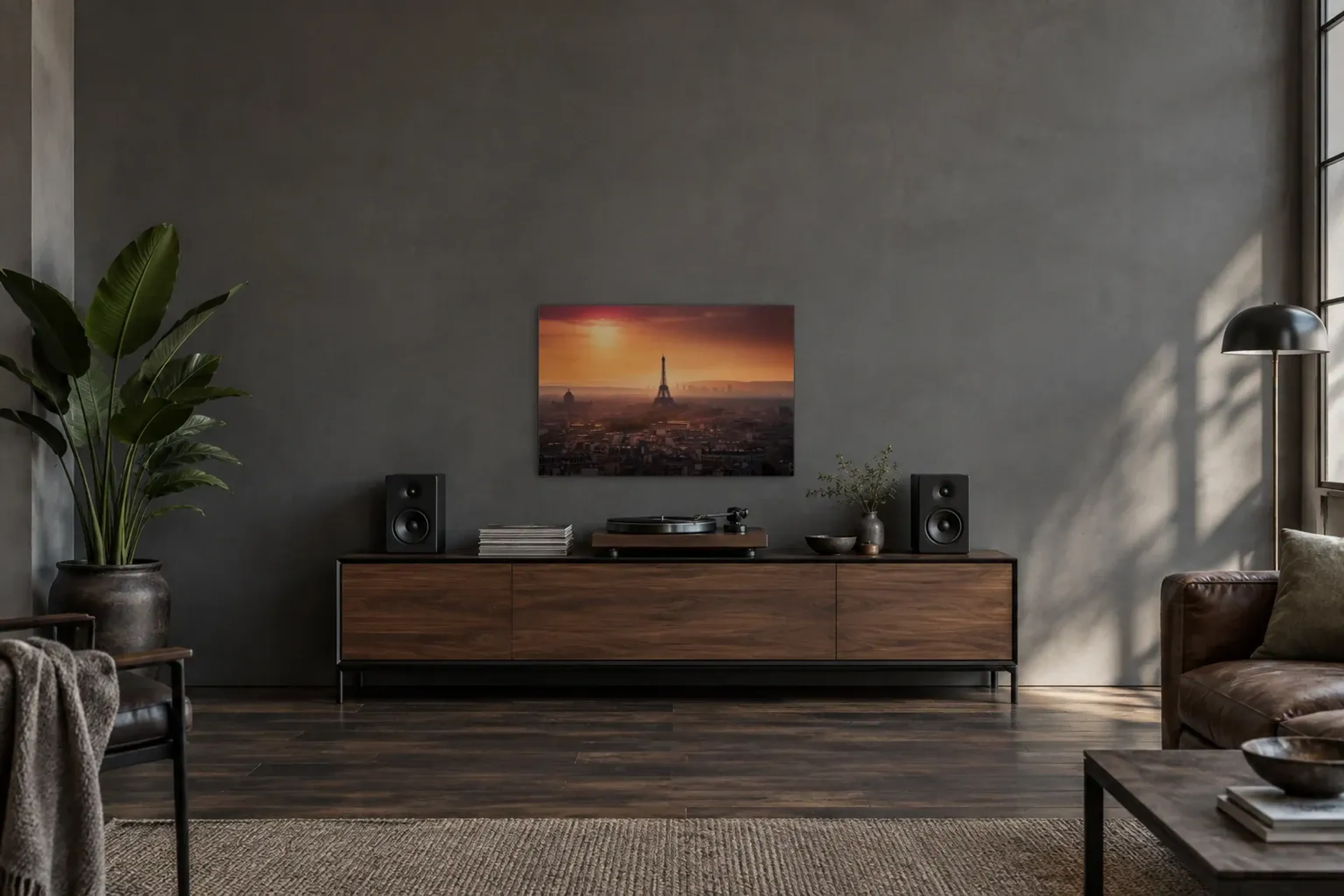 Paris im goldenen Licht als Wandbild über einem 200-cm-Sideboard
