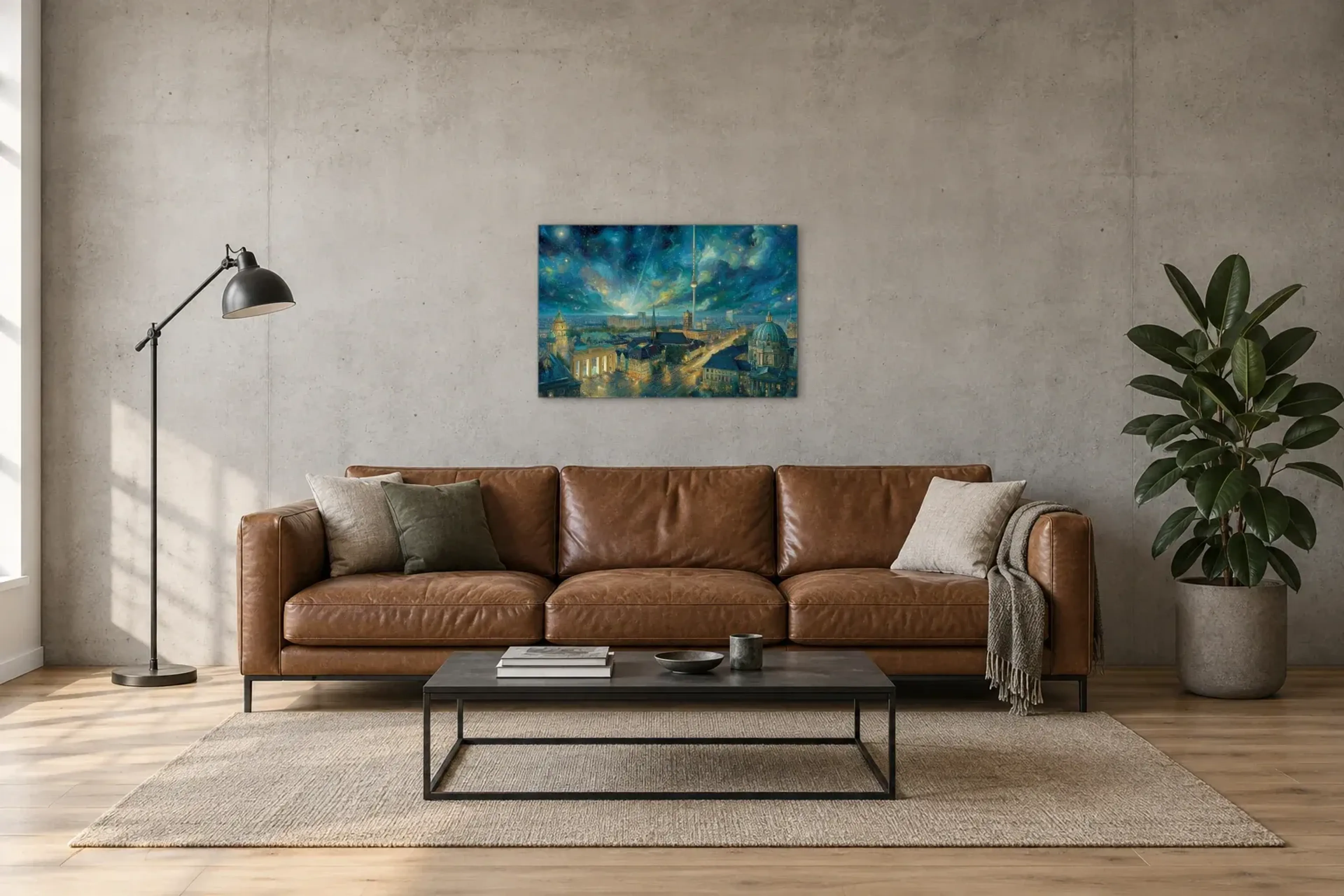 Berlin unter Sternenwirbeln als Wandbild über einem 220-cm-Sofa