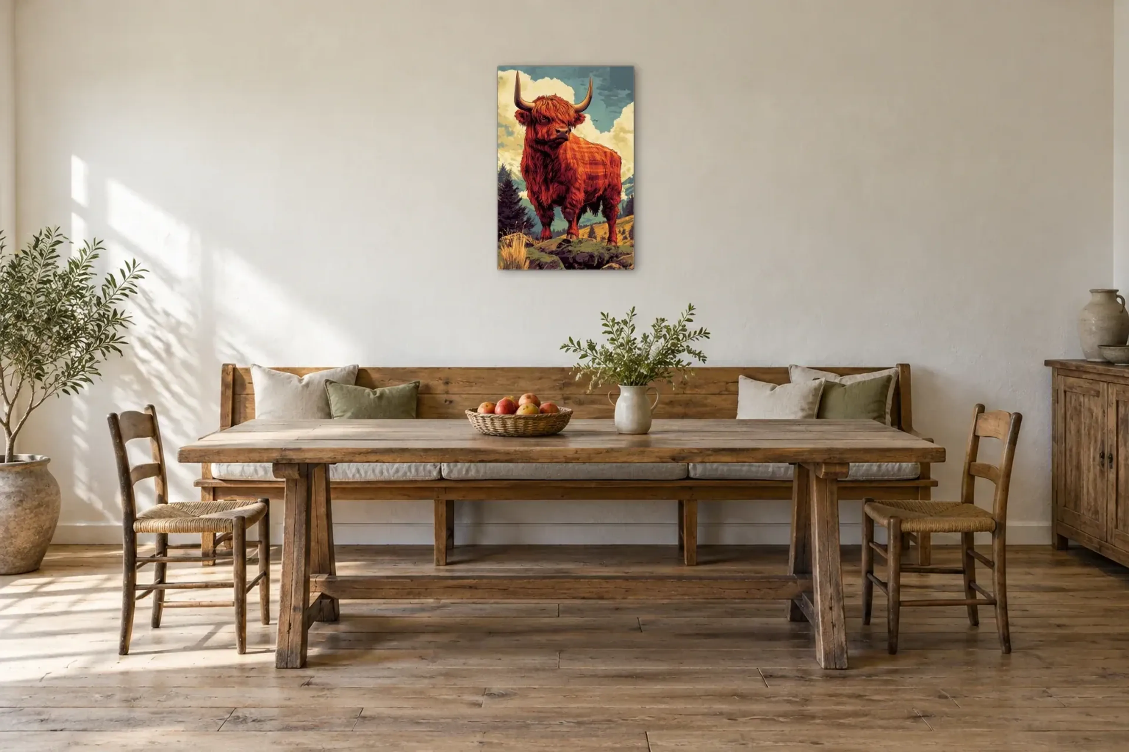 Hochlandrind mit Karomuster als Wandbild über einer 200-cm-Sitzbank