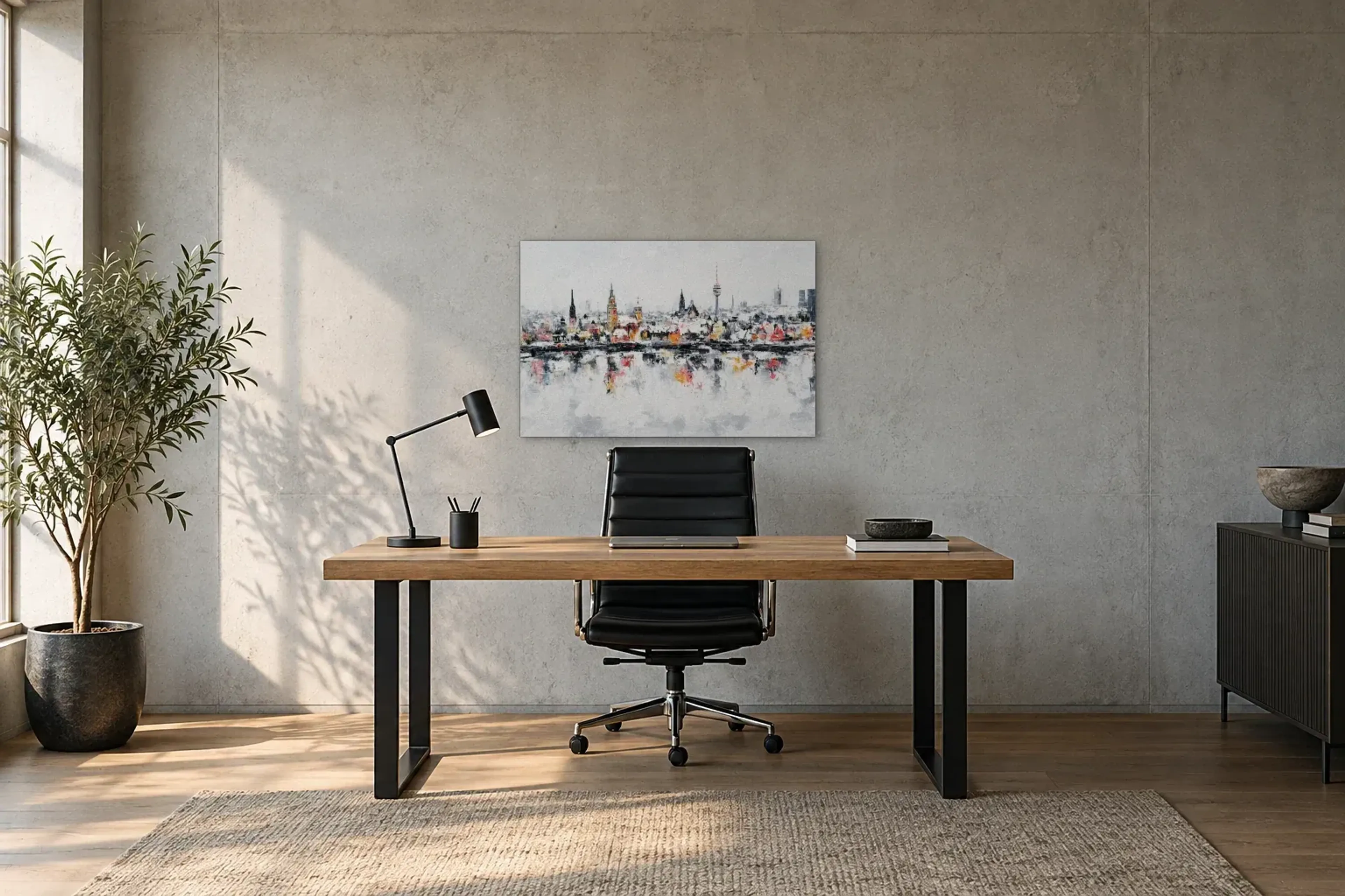 Münchner Farbspiegelungen als Wandbild über einem 160-cm-Schreibtisch