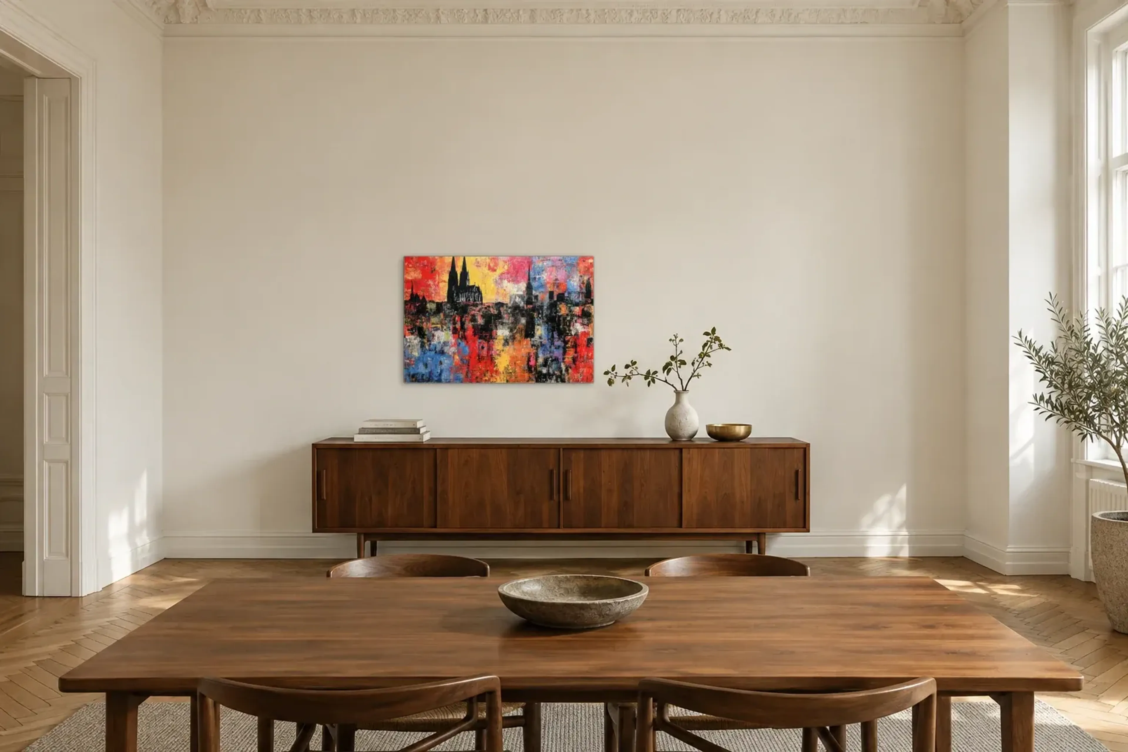 Kölner Dom im Farbenmeer als Wandbild über einem 200-cm-Sideboard