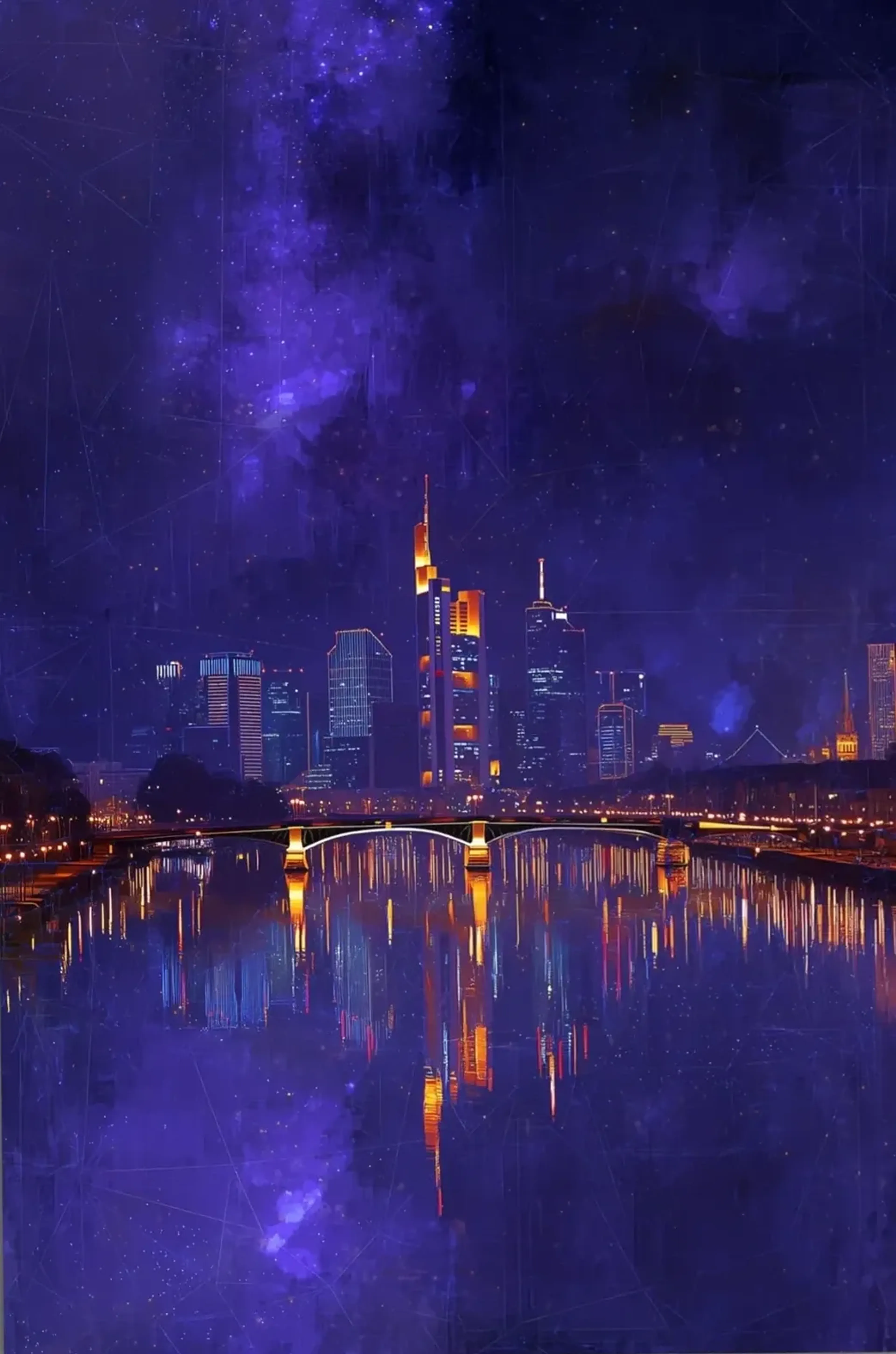 Frankfurter Skyline und Brücke unter violettem Sternenhimmel mit goldenen und blauen Spiegelungen im Main.