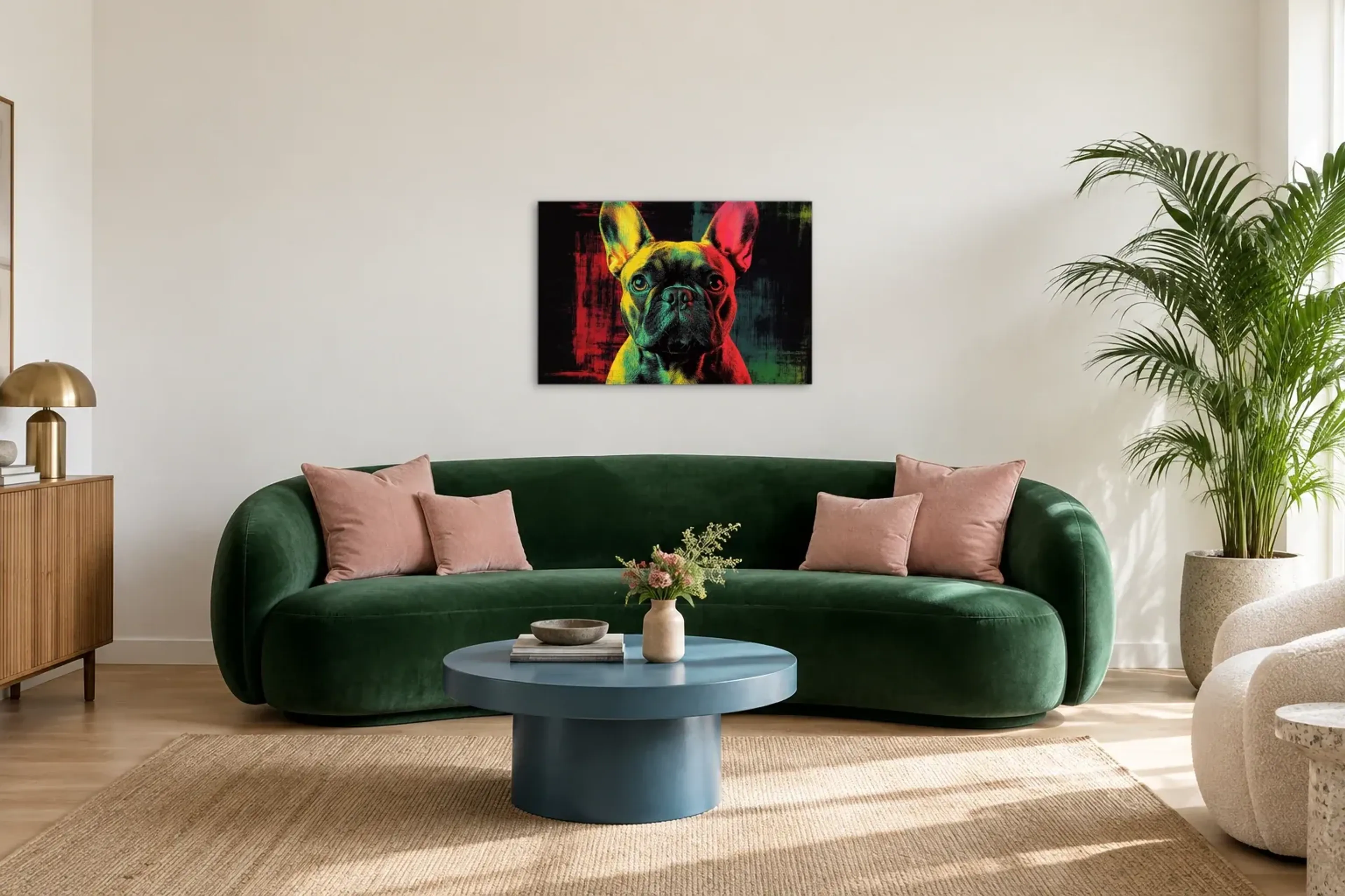 Bulldogge in bunten Farben als Wandbild über einem 220-cm-Sofa