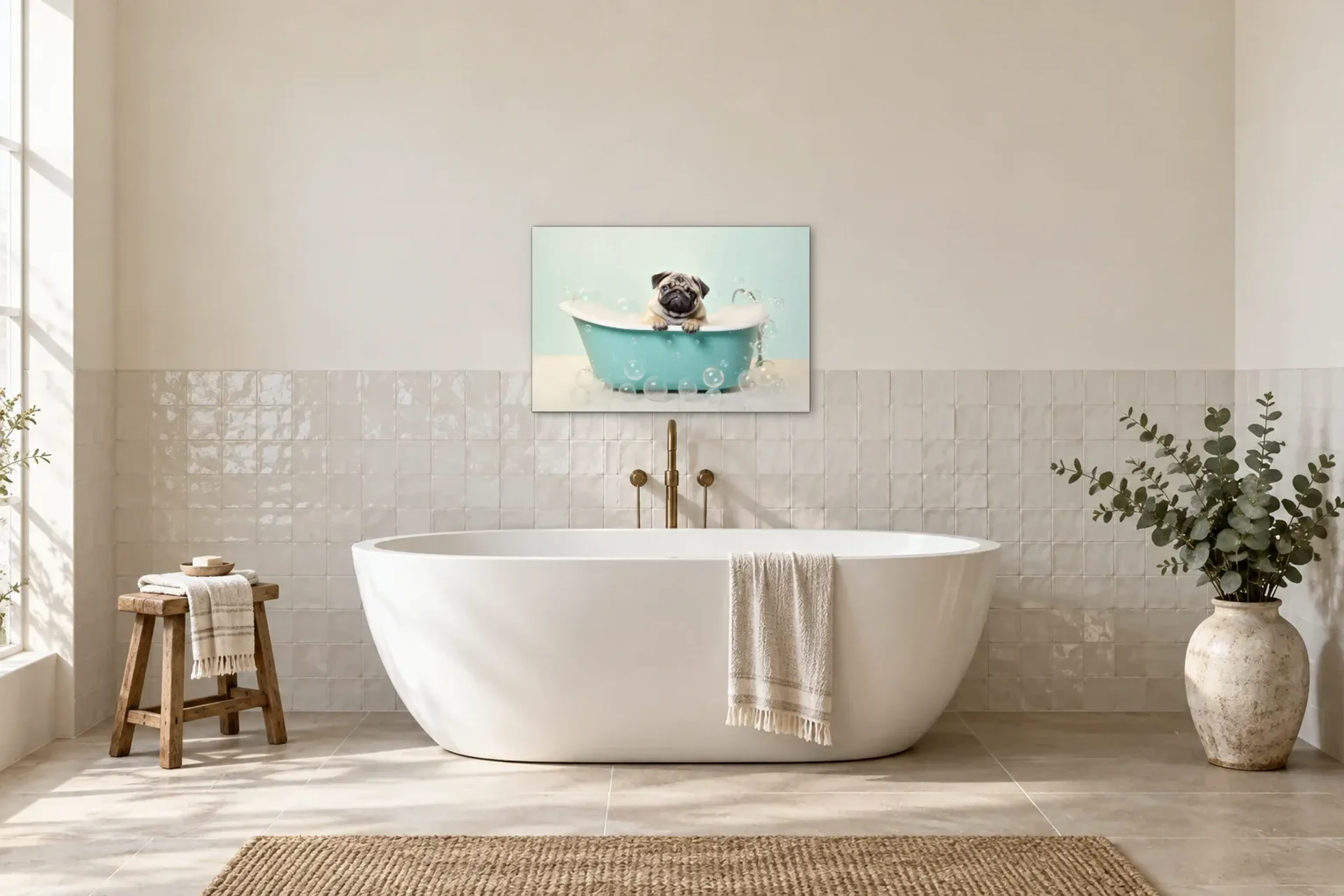 Mops im Schaumbad als Wandbild über einer 170-cm-Badewanne
