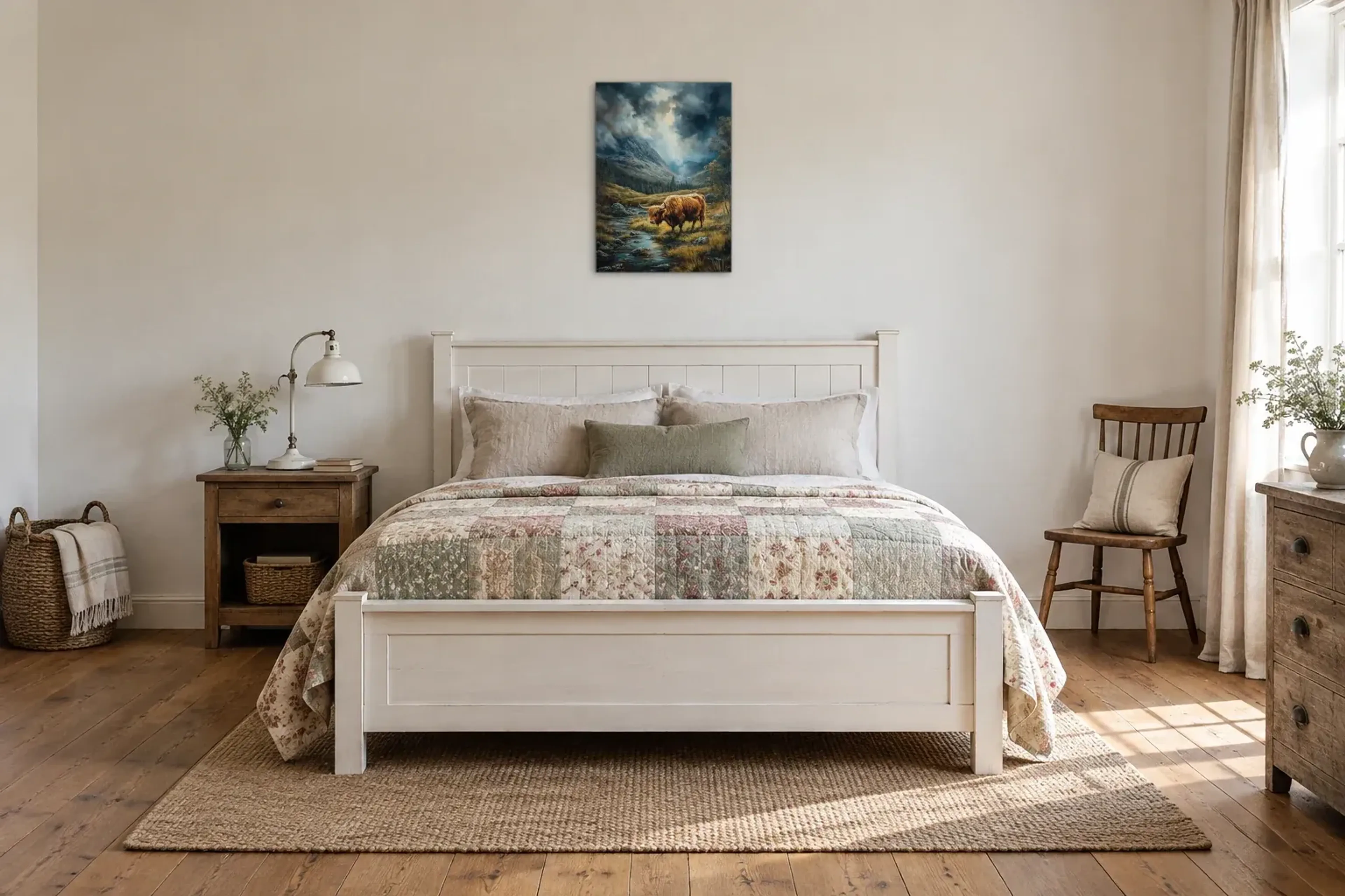 Hochlandrind am Bergbach als Wandbild über einem 160-cm-Bett