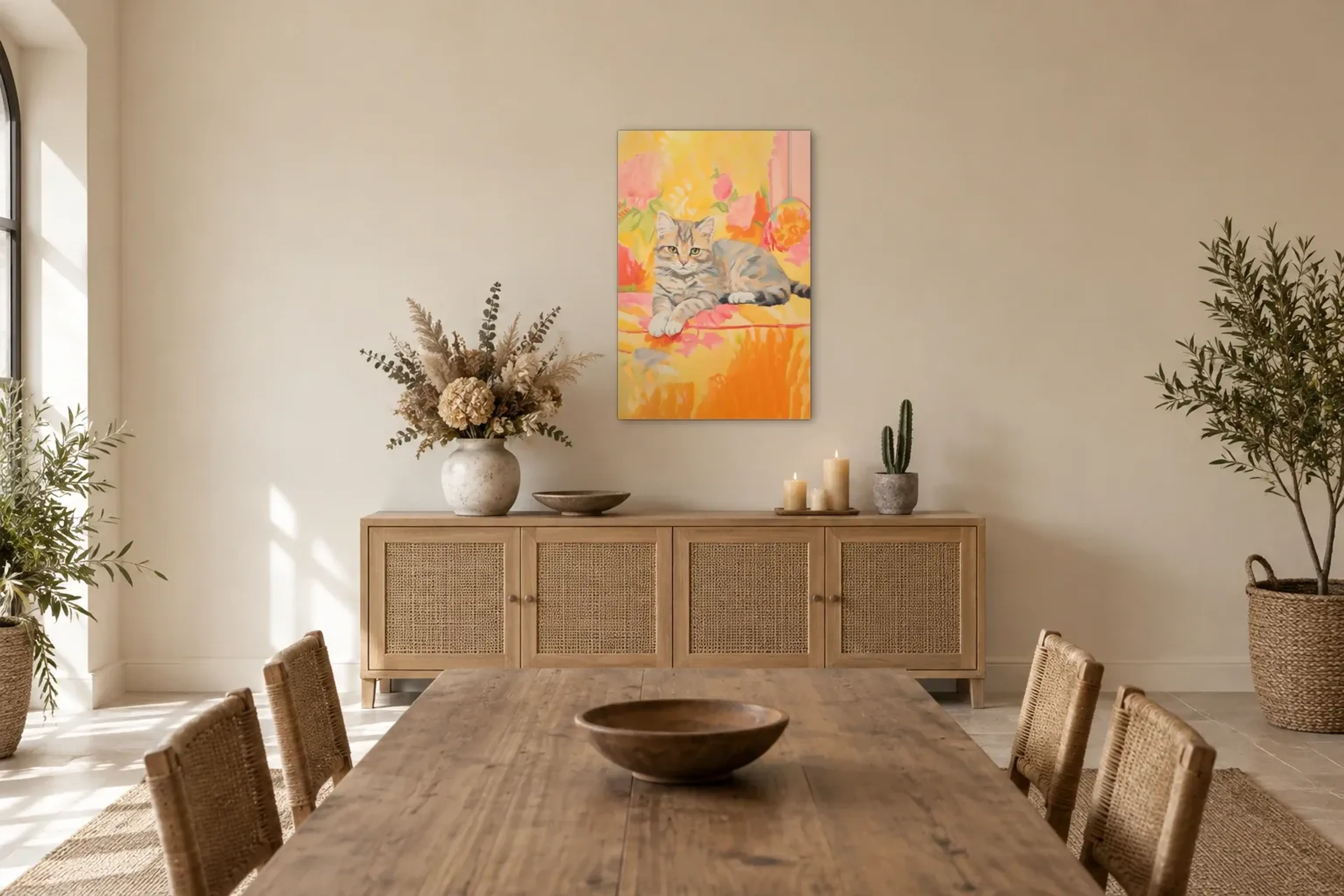 Kätzchen auf Blütenpolster als Wandbild über einem 160-cm-Sideboard