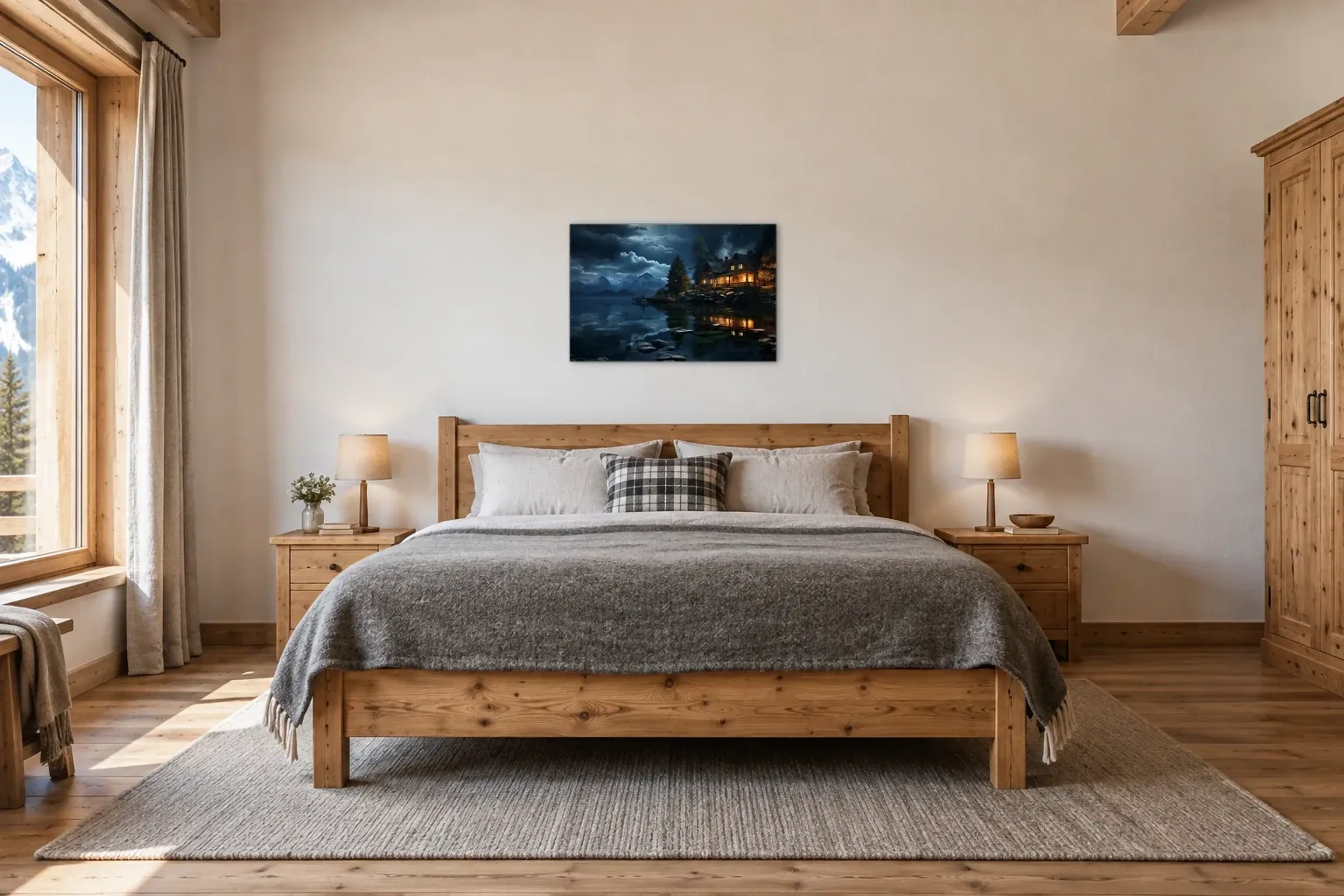 Haus am See als Wandbild über einem 180-cm-Bett
