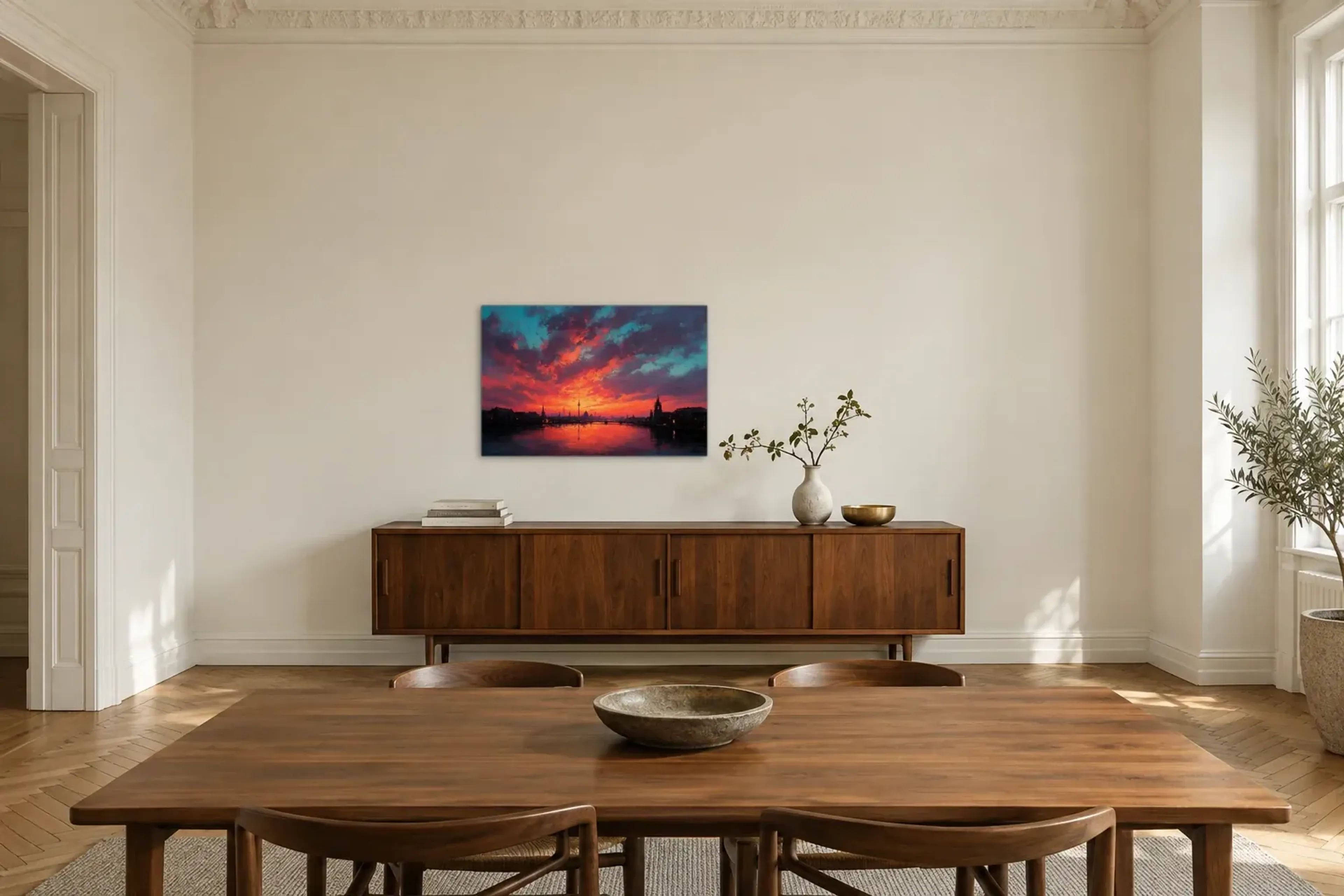 Berlin im Abendrot als Wandbild über einem 200-cm-Sideboard