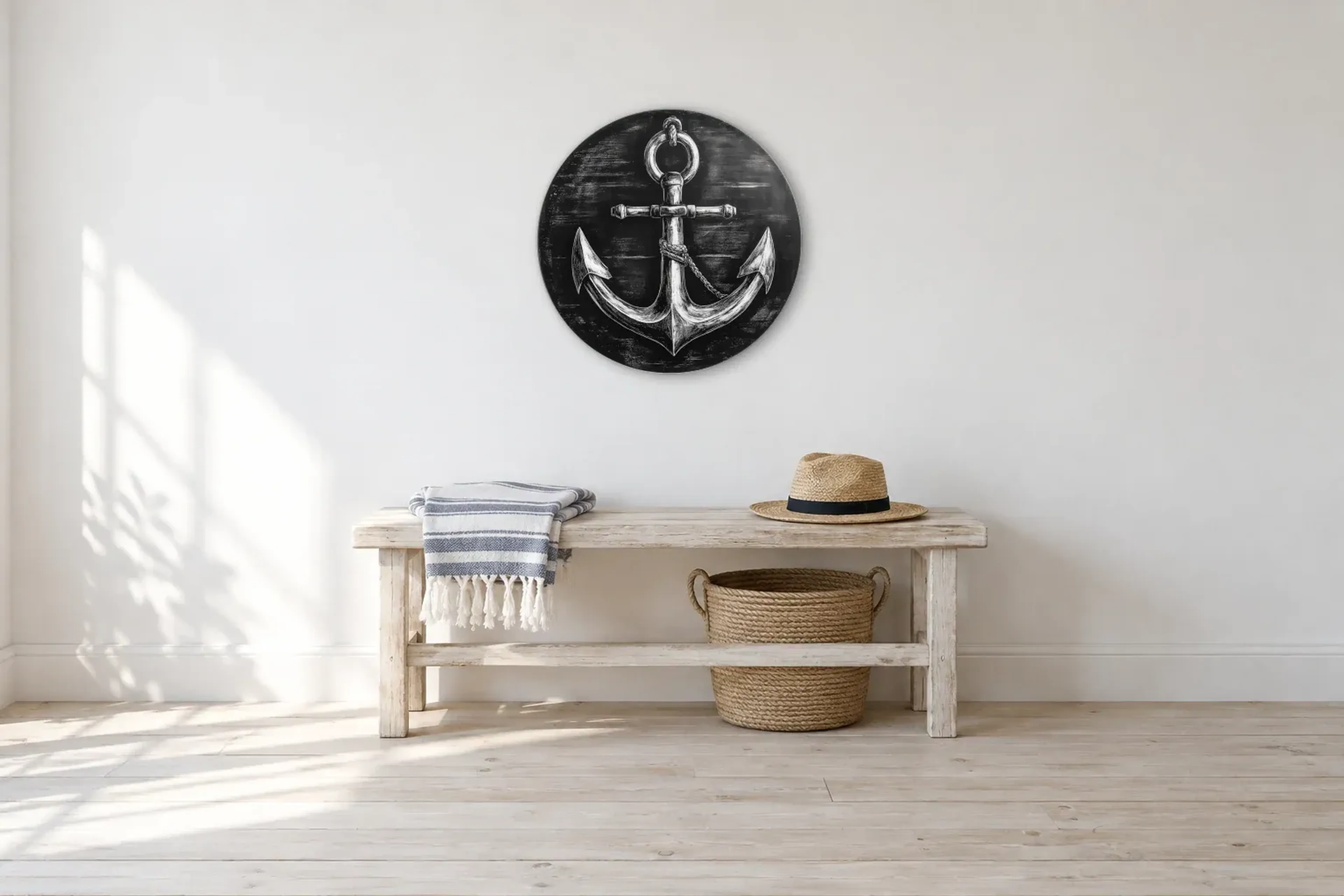 Anker mit Tau als Wandbild über einer 100-cm-Bank