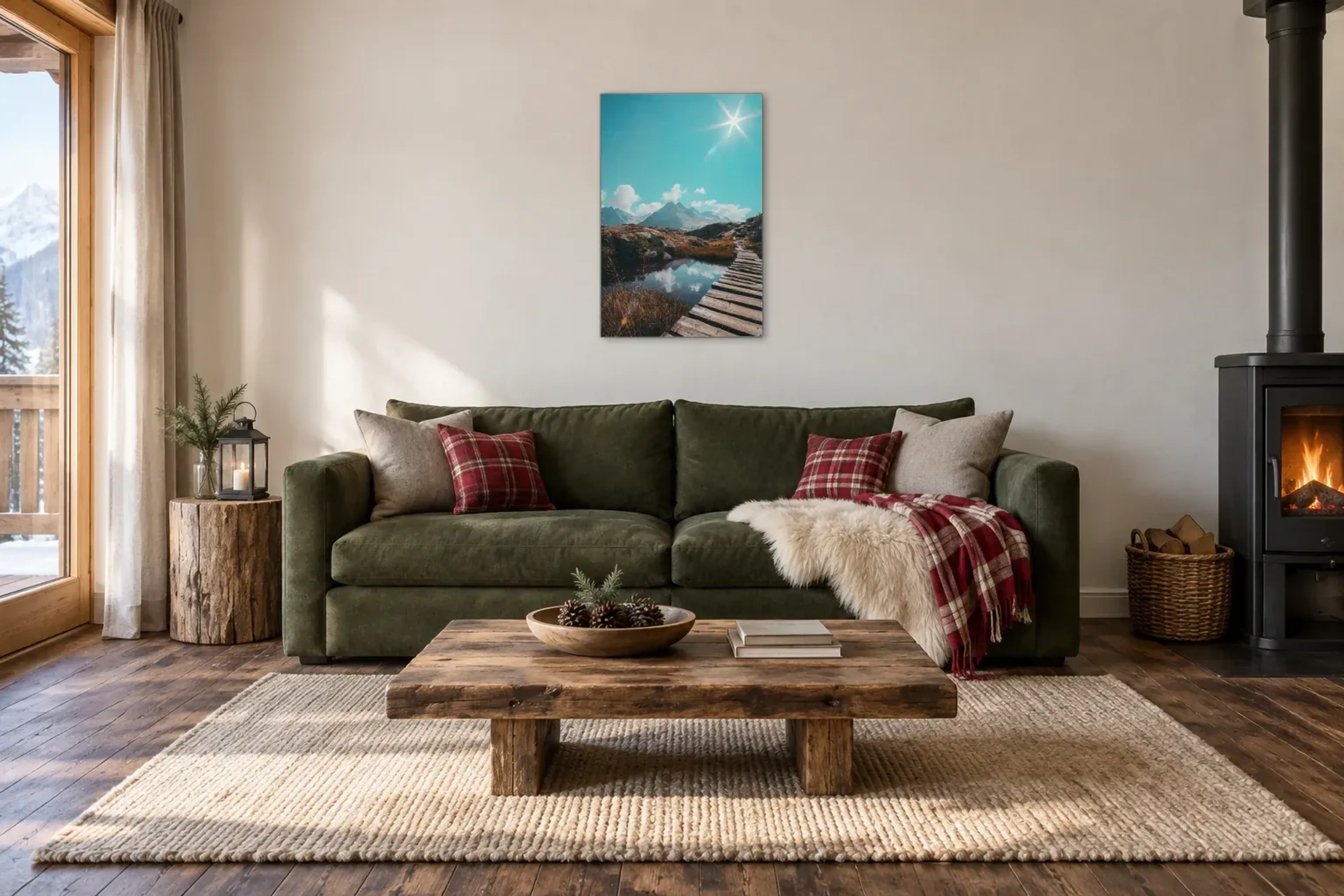 Steg am Bergsee als Wandbild über einem 220-cm-Sofa