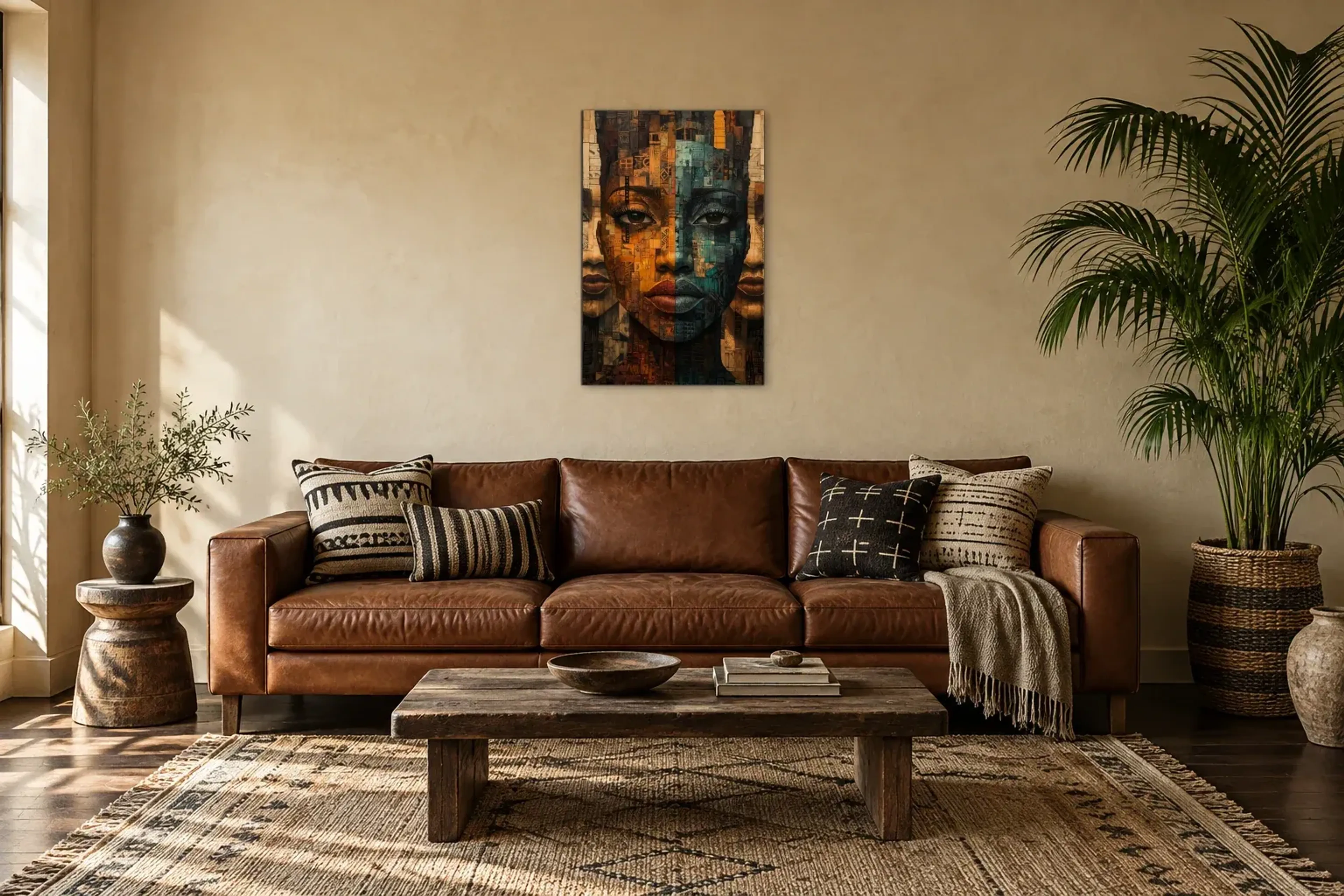 Gesicht in Ocker und Petrol als Wandbild über einem 220-cm-Sofa