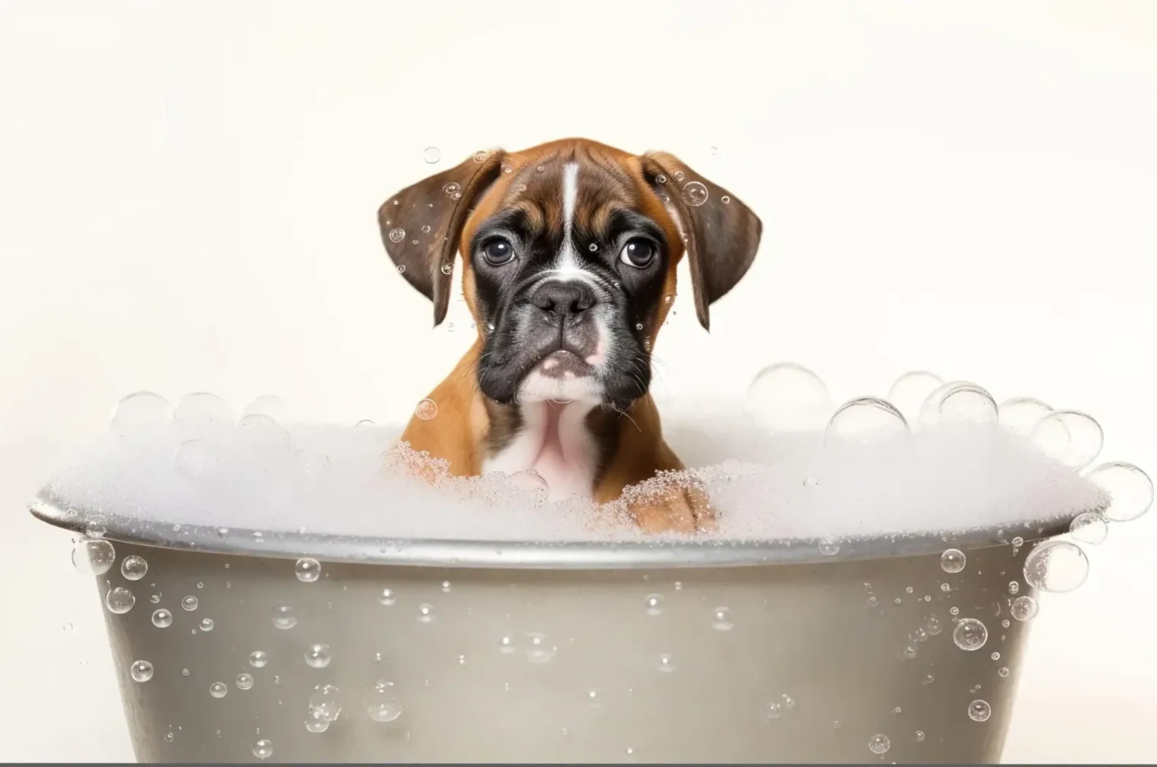 Ein brauner Boxerwelpe mit dunkler Schnauze sitzt zwischen Schaum und Seifenblasen in einer hellen Wanne.