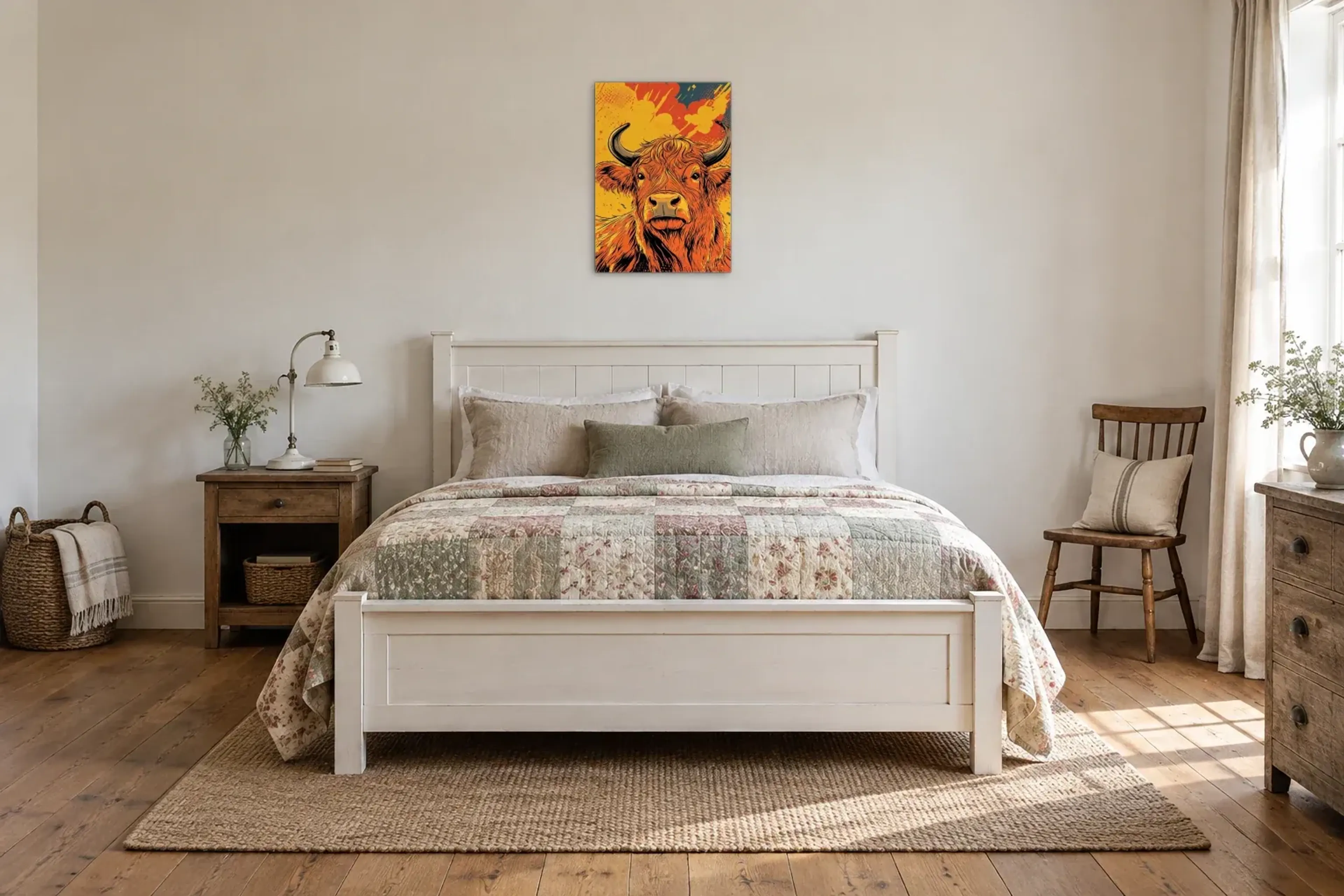 Hochlandrind im Farbenfeuer als Wandbild über einem 160-cm-Bett