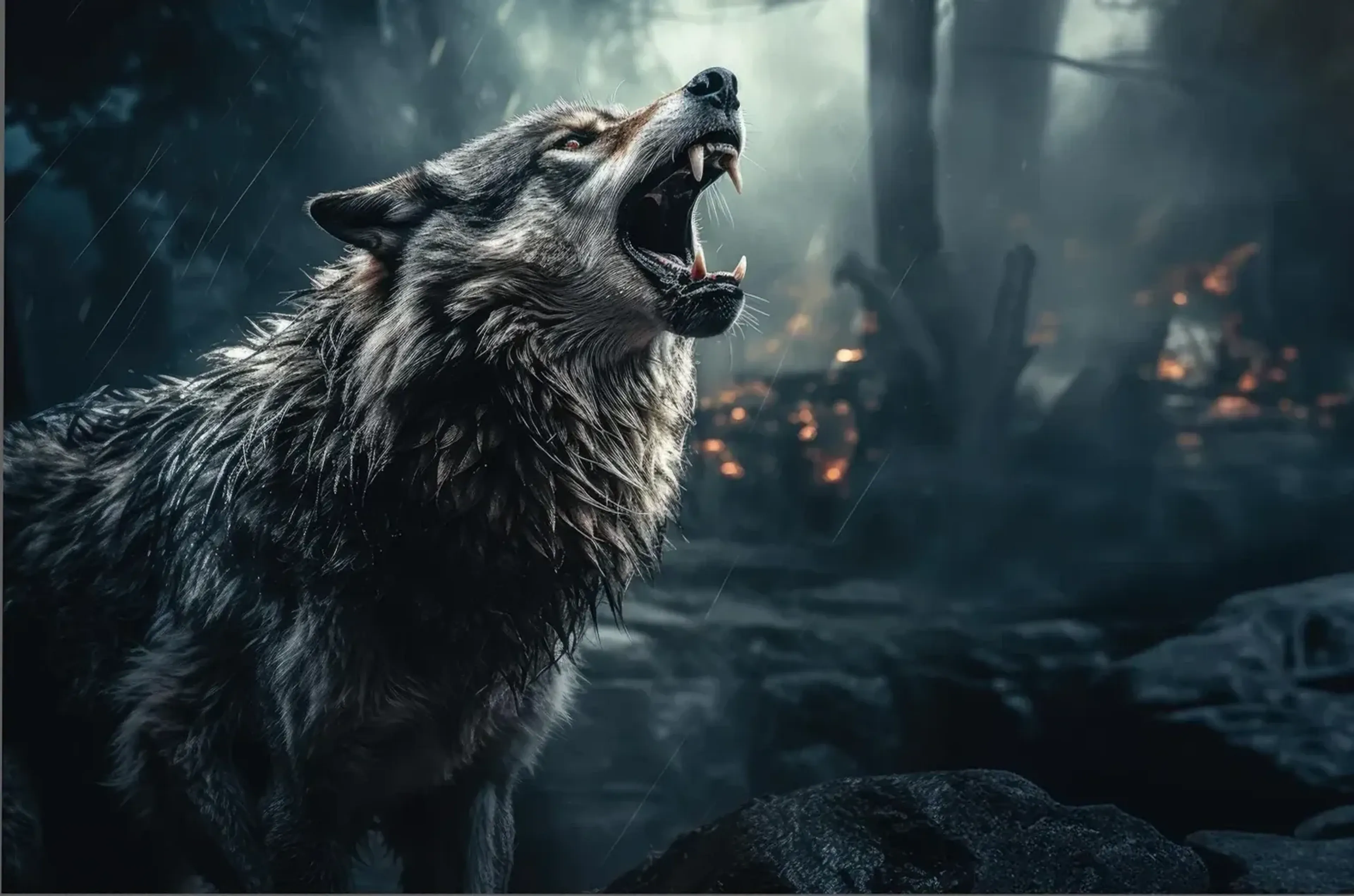 Ein Wolf mit nassem Fell hebt im Regen den Kopf mit offenem Maul; hinter ihm leuchtet Feuer im dunklen Wald.