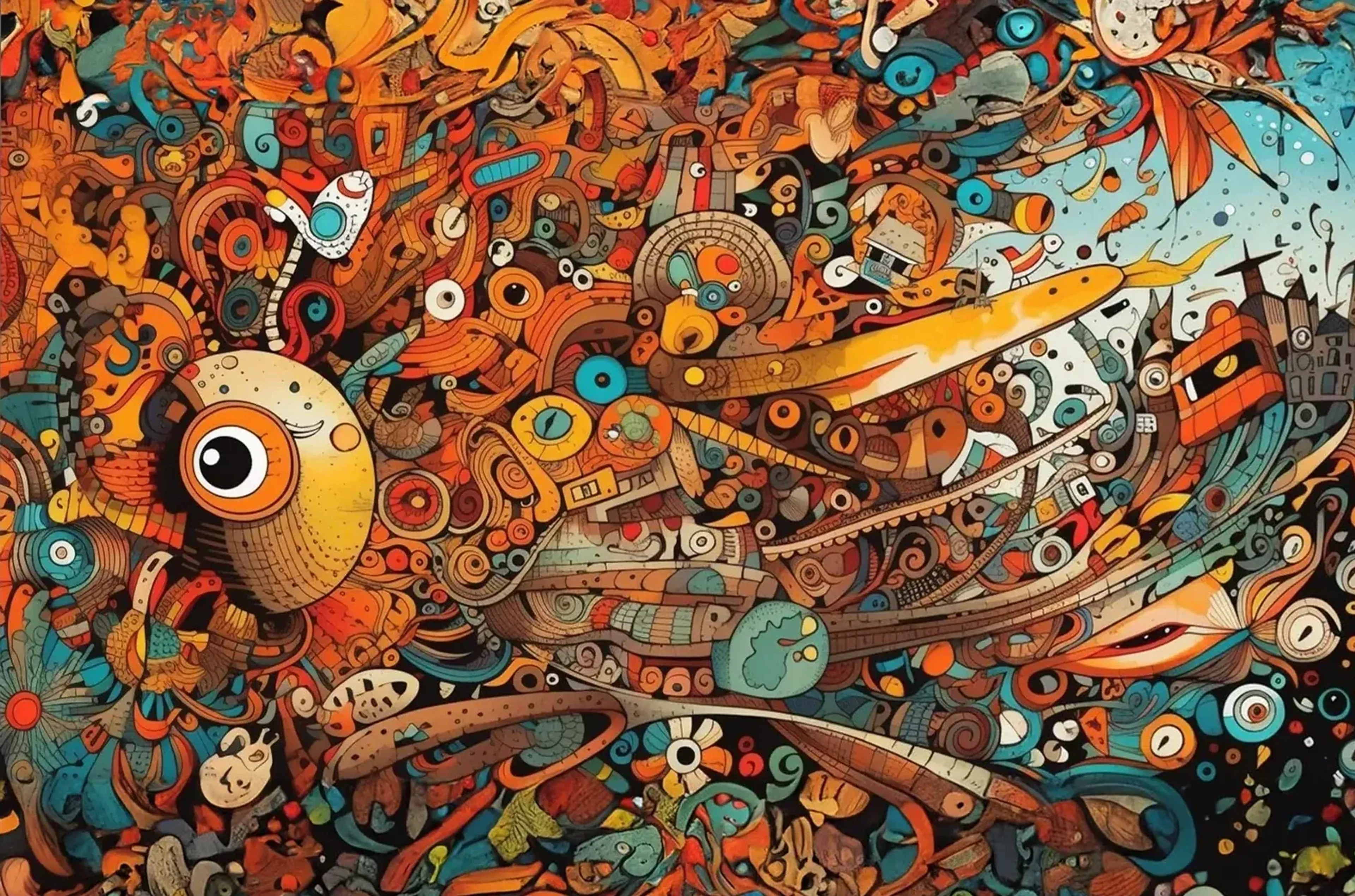 Dicht verschlungene Fantasiewesen, Augen und Spiralen in Orange, Rot, Gelb und Türkis.