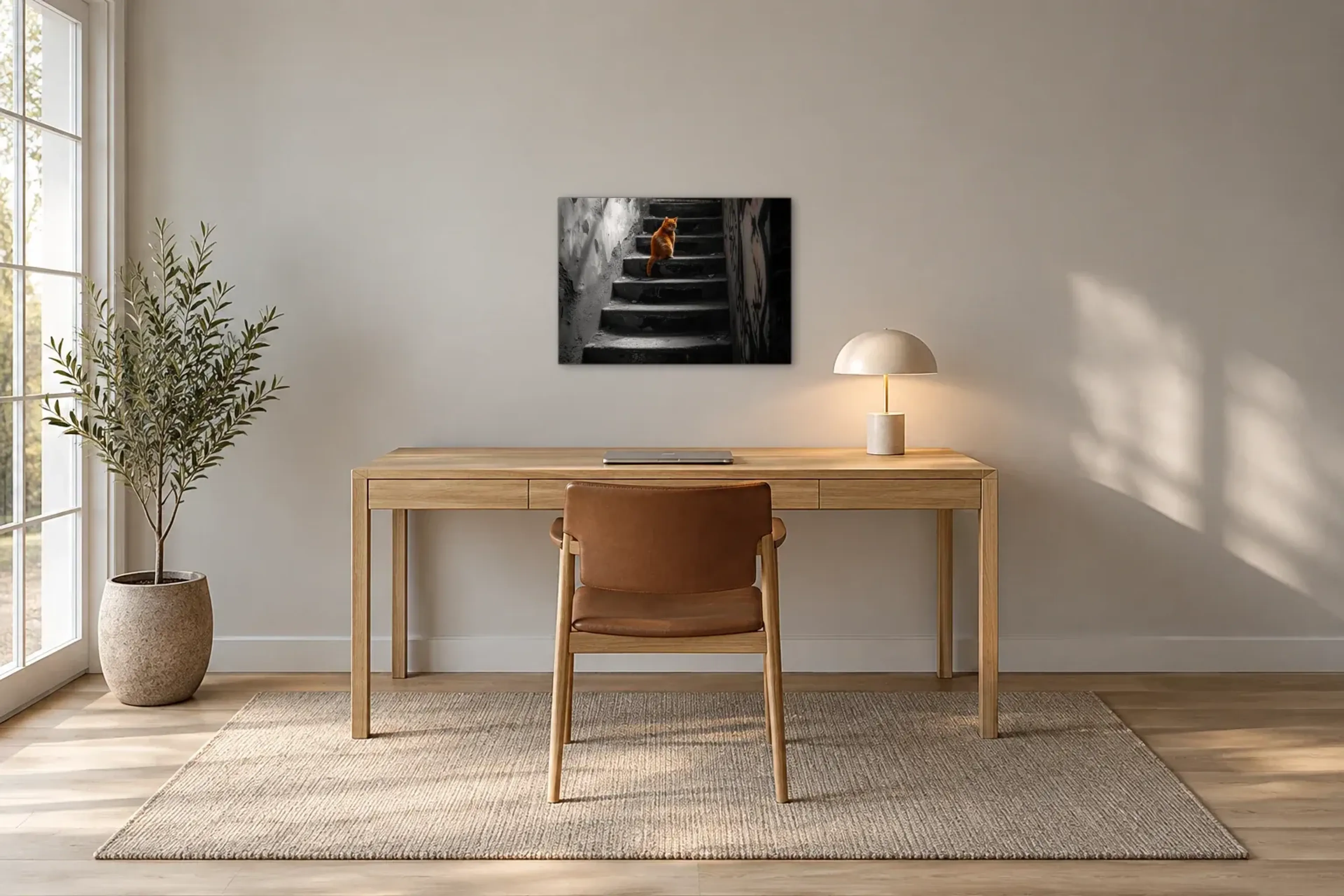 Katze auf alten Stufen als Wandbild über einem 160-cm-Schreibtisch