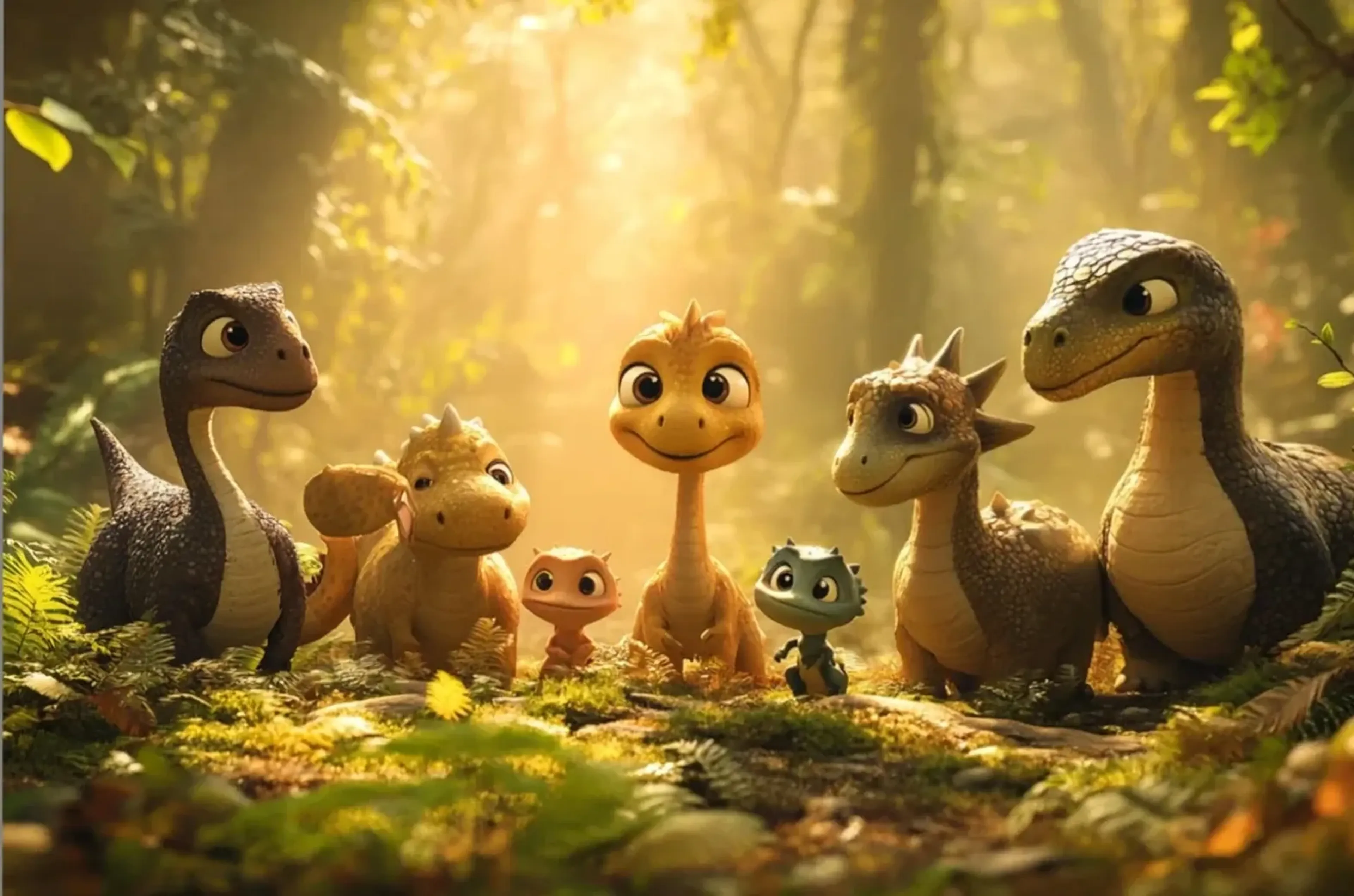 Sechs große und kleine Dinos stehen zwischen Moos und Farnen im goldenen Licht eines Waldes.