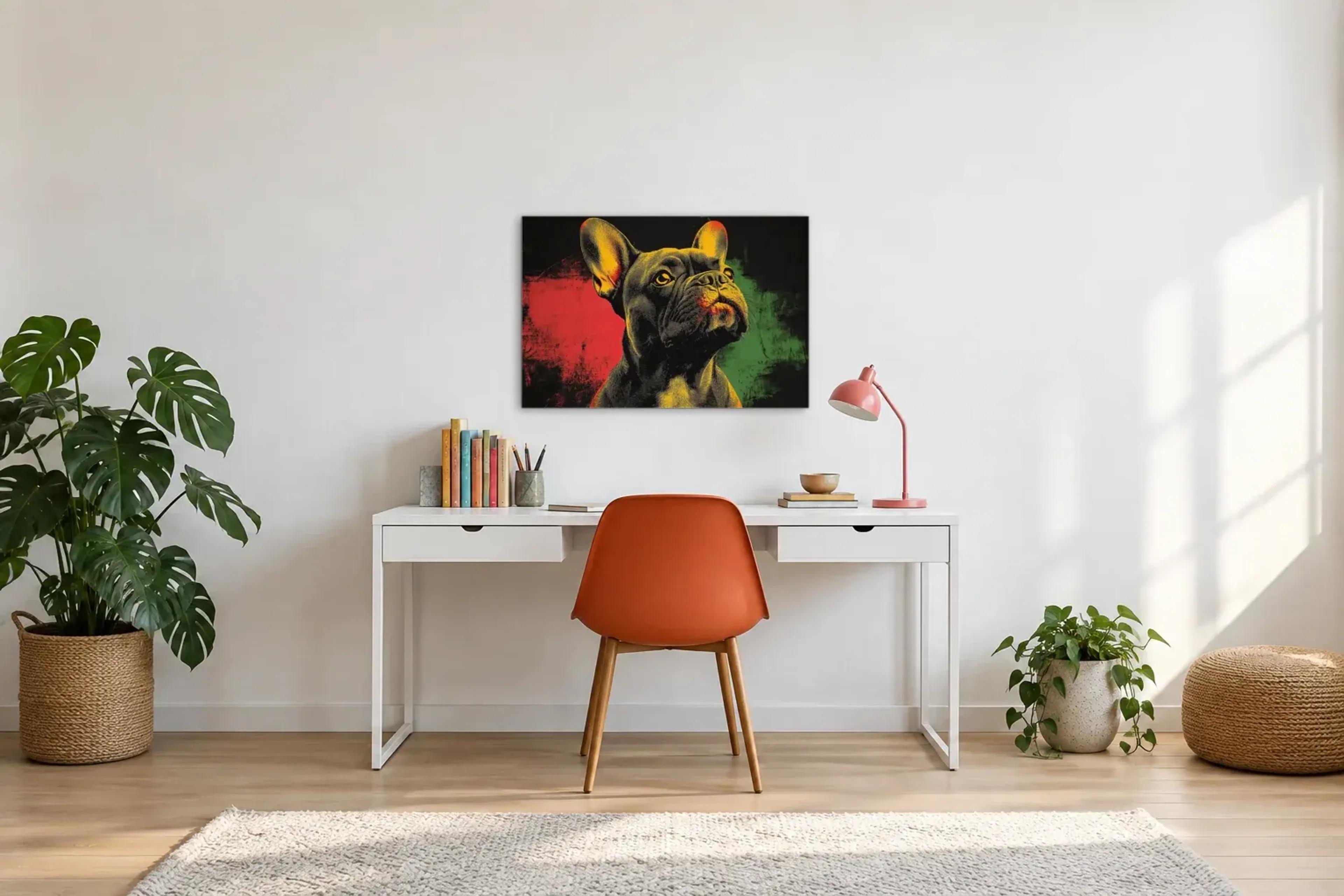 Bulldogge im Gelblicht als Wandbild über einem 140-cm-Schreibtisch